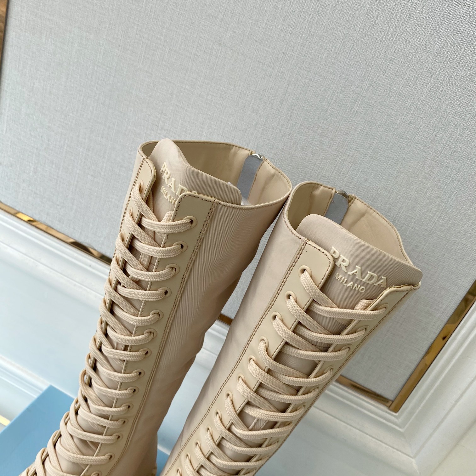 Prada Brushed And Re-Nylon Boots Beige For Women PRD 