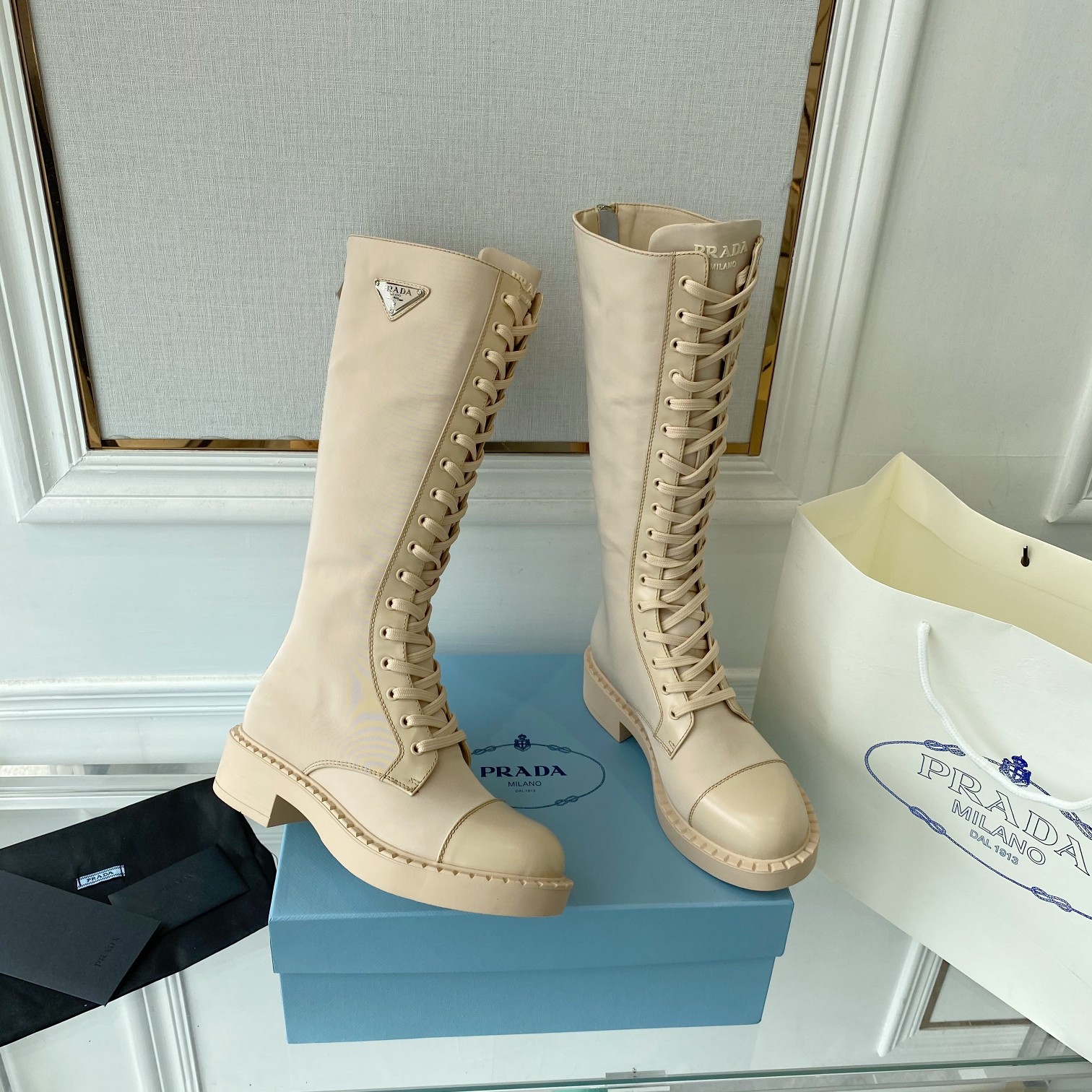Prada Brushed And Re-Nylon Boots Beige For Women PRD 