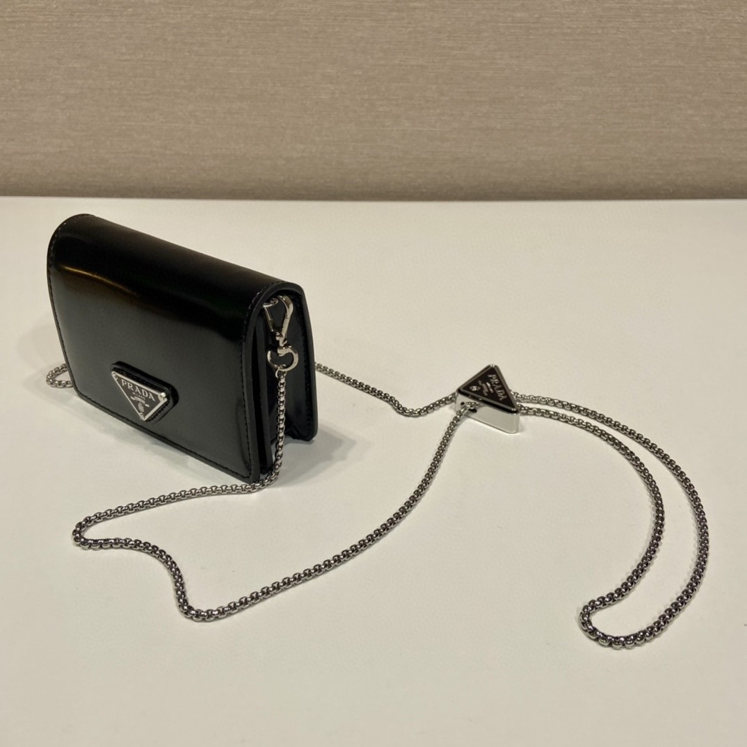 Prada Brushed Card Holder With Shoulder Strap Gold Tone/ Black For Women 4.5 in / 11.5 cm 1MR028_2CLE_F0522