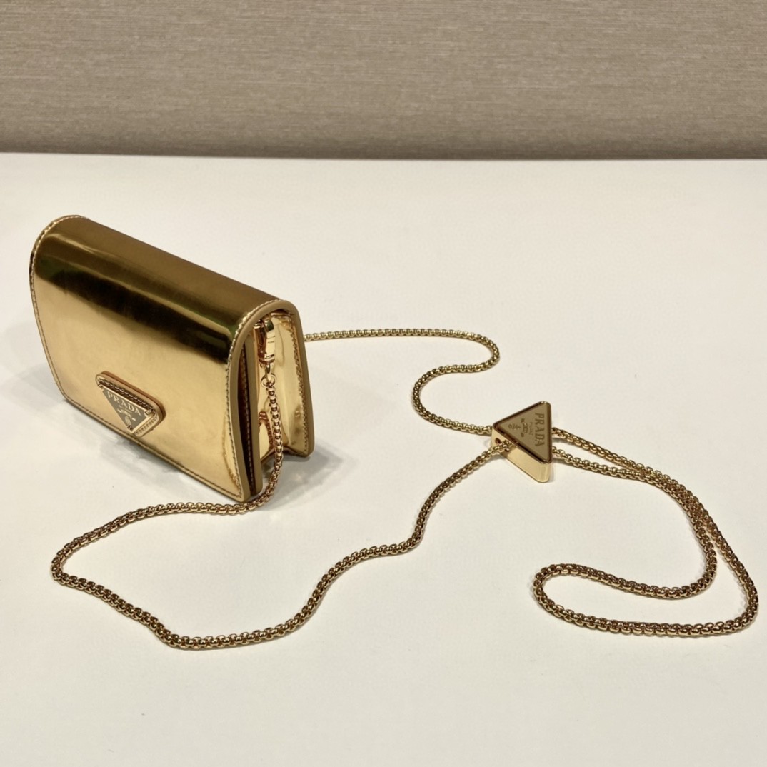 Prada Brushed Card Holder With Shoulder Strap Gold Tone/ Black For Women 4.5 in / 11.5 cm 1MR028_2CLE_F0522