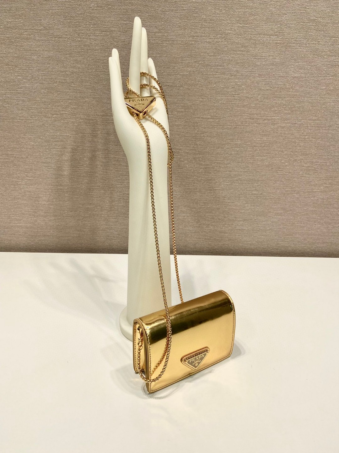 Prada Brushed Card Holder With Shoulder Strap Gold Tone/ Black For Women 4.5 in / 11.5 cm 1MR028_2CLE_F0522