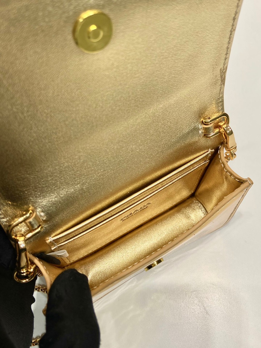 Prada Brushed Card Holder With Shoulder Strap Gold Tone/ Black For Women 4.5 in / 11.5 cm 1MR028_2CLE_F0522
