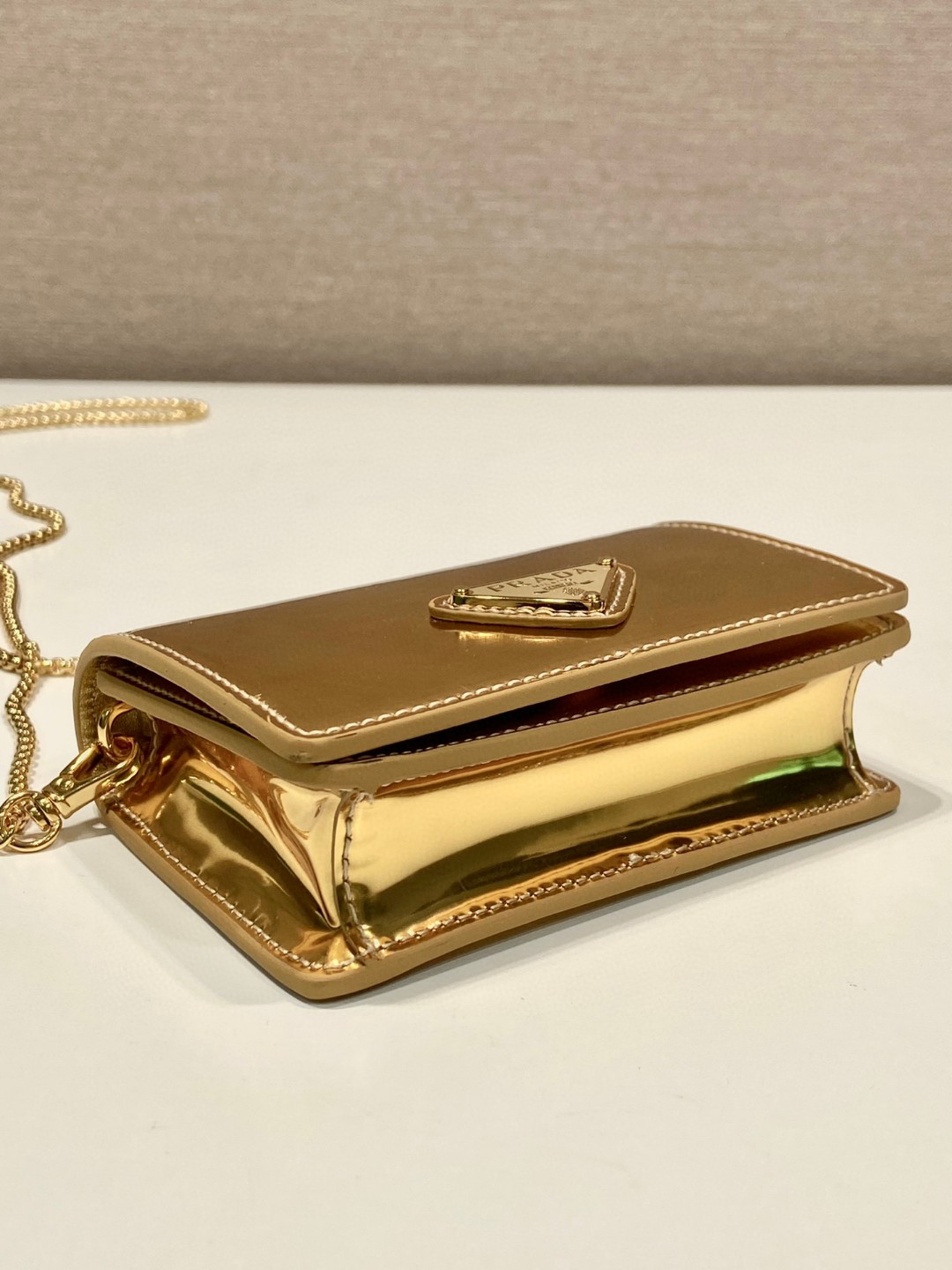 Prada Brushed Card Holder With Shoulder Strap Gold Tone/ Black For Women 4.5 in / 11.5 cm 1MR028_2CLE_F0522