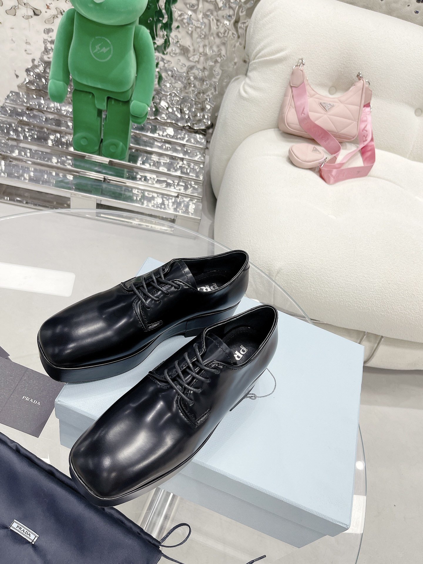 Prada Brushed Derby Shoes Black For Women 1.96in/50mm PRD 1E877M_055_F0002_F_B050