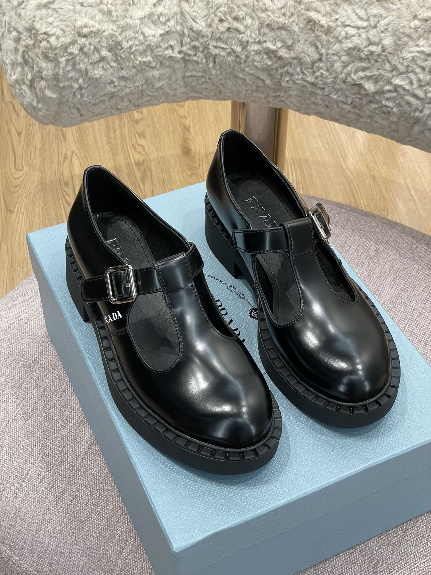 Prada Brushed Mary Jane T-strap Shoes Black For Women 2in/50mm PRD 1E834M_055_F0002_F_B050
