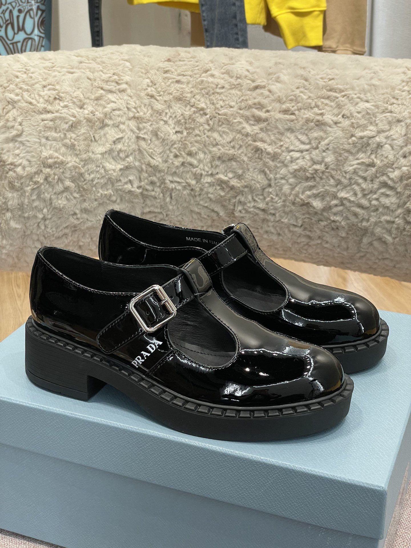 Prada Brushed Mary Jane T-strap Shoes Shiny Black For Women 2in/50mm PRD 