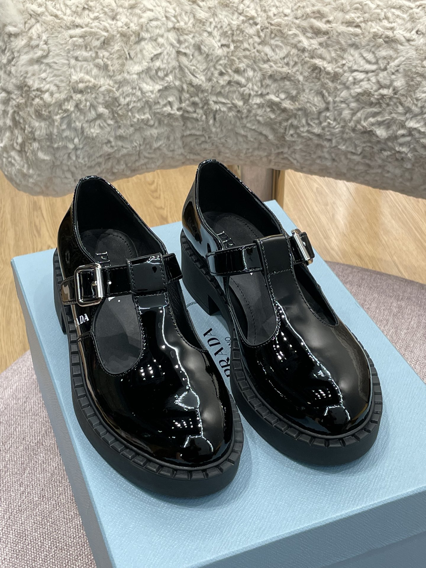 Prada Brushed Mary Jane T-strap Shoes Shiny Black For Women 2in/50mm PRD 
