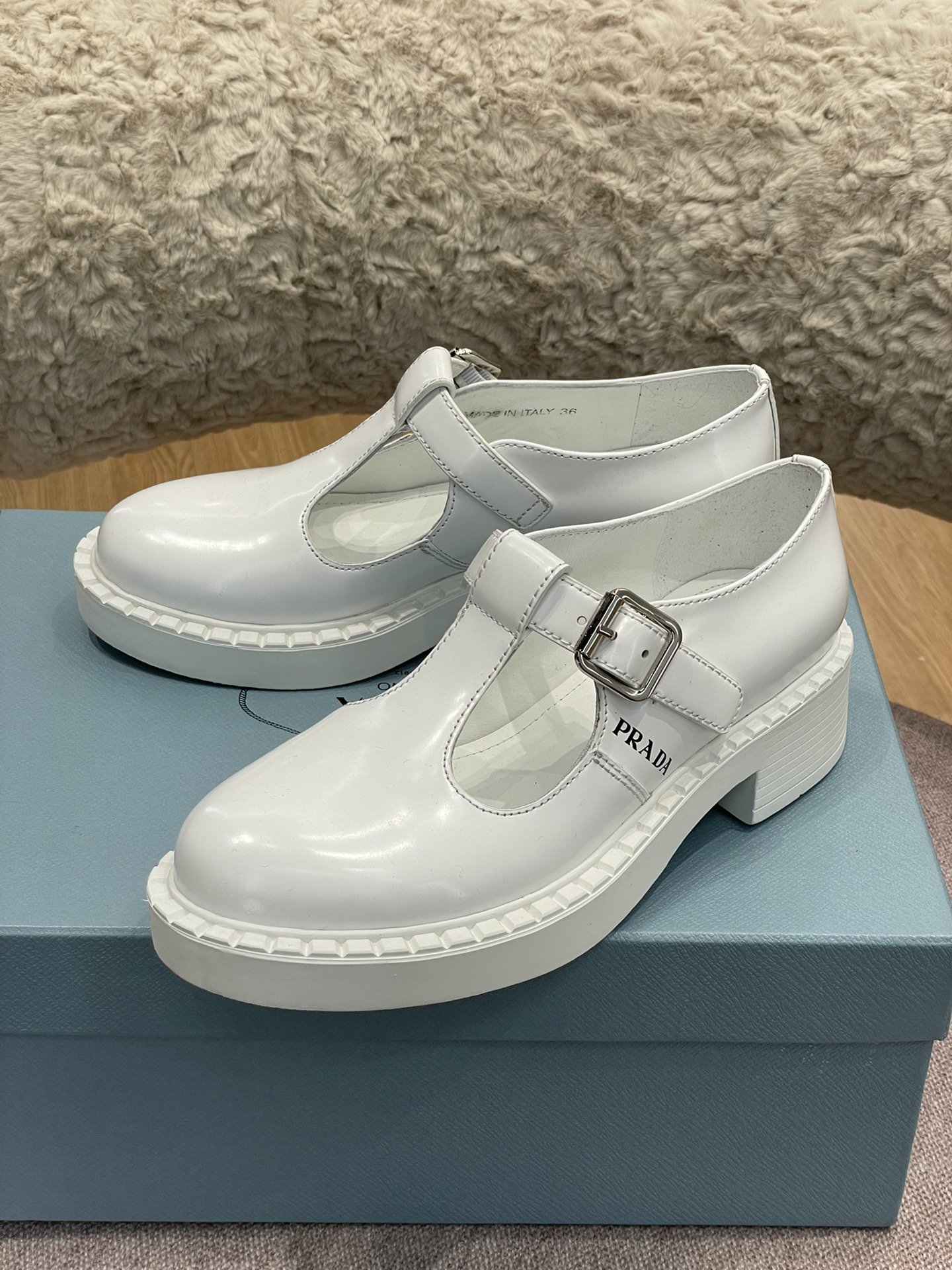Prada Brushed Mary Jane T-strap Shoes White For Women 2in/50mm PRD 1E834M_055_F097W_F_B050