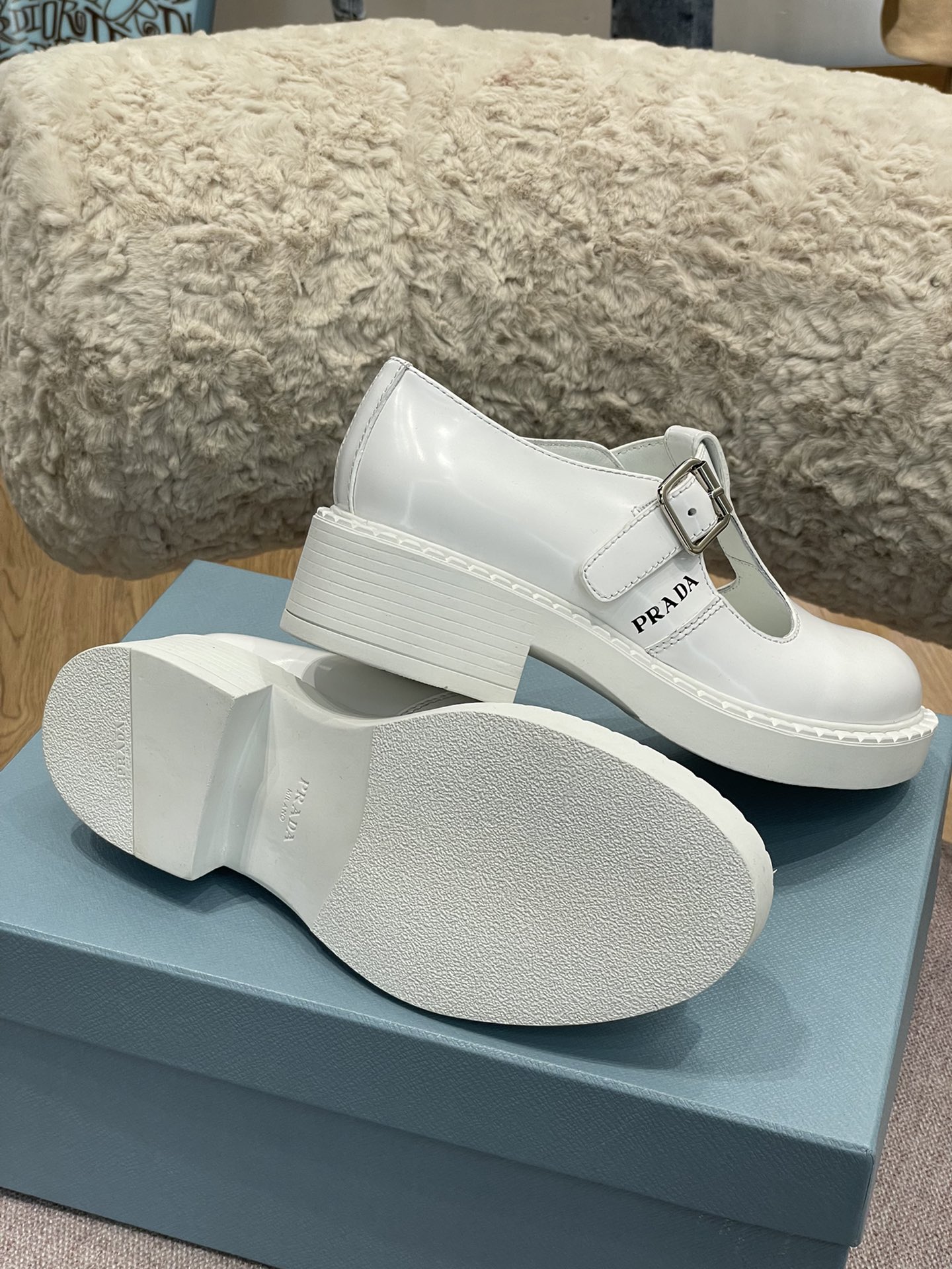 Prada Brushed Mary Jane T-strap Shoes White For Women 2in/50mm PRD 1E834M_055_F097W_F_B050