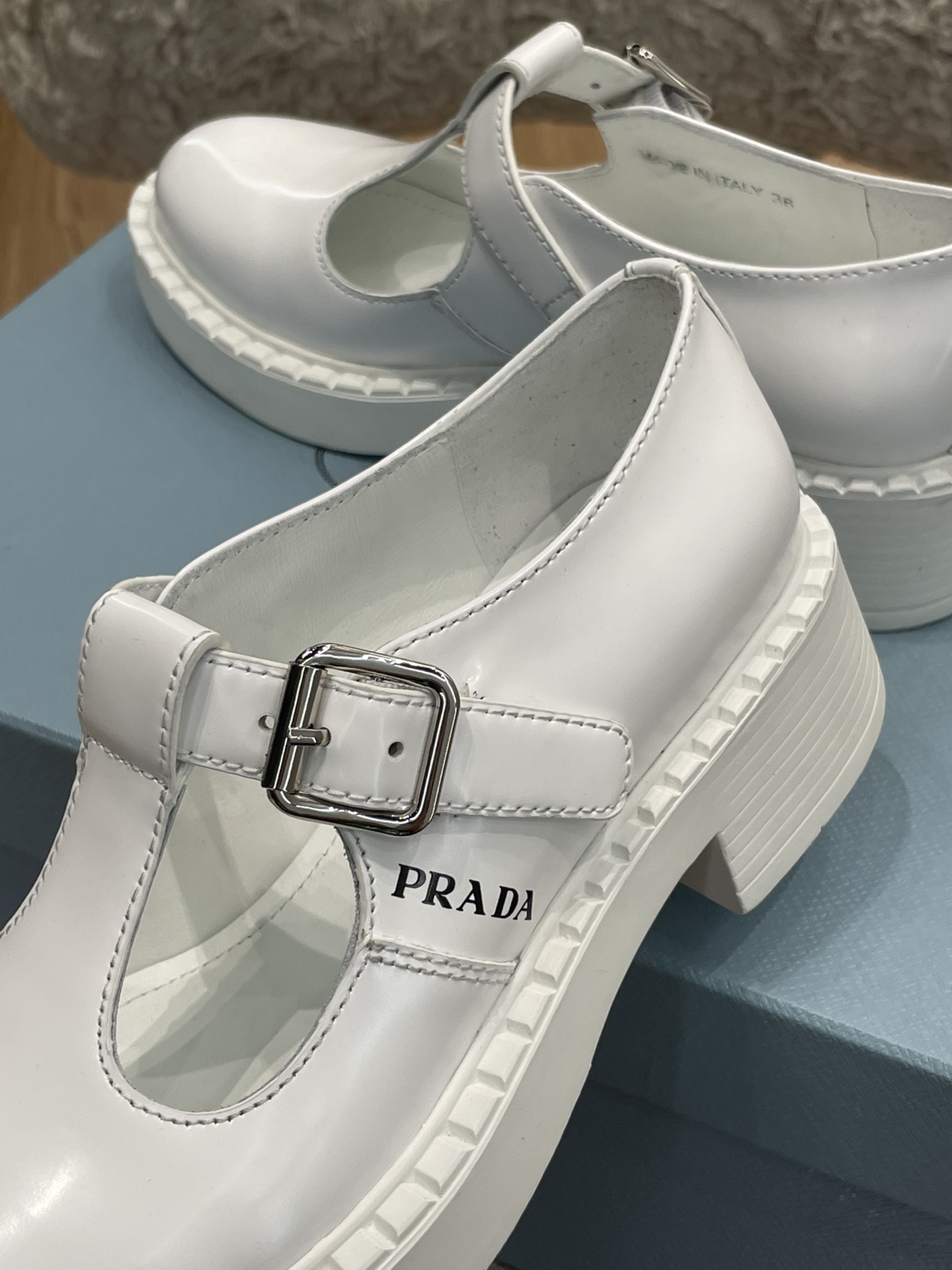 Prada Brushed Mary Jane T-strap Shoes White For Women 2in/50mm PRD 1E834M_055_F097W_F_B050