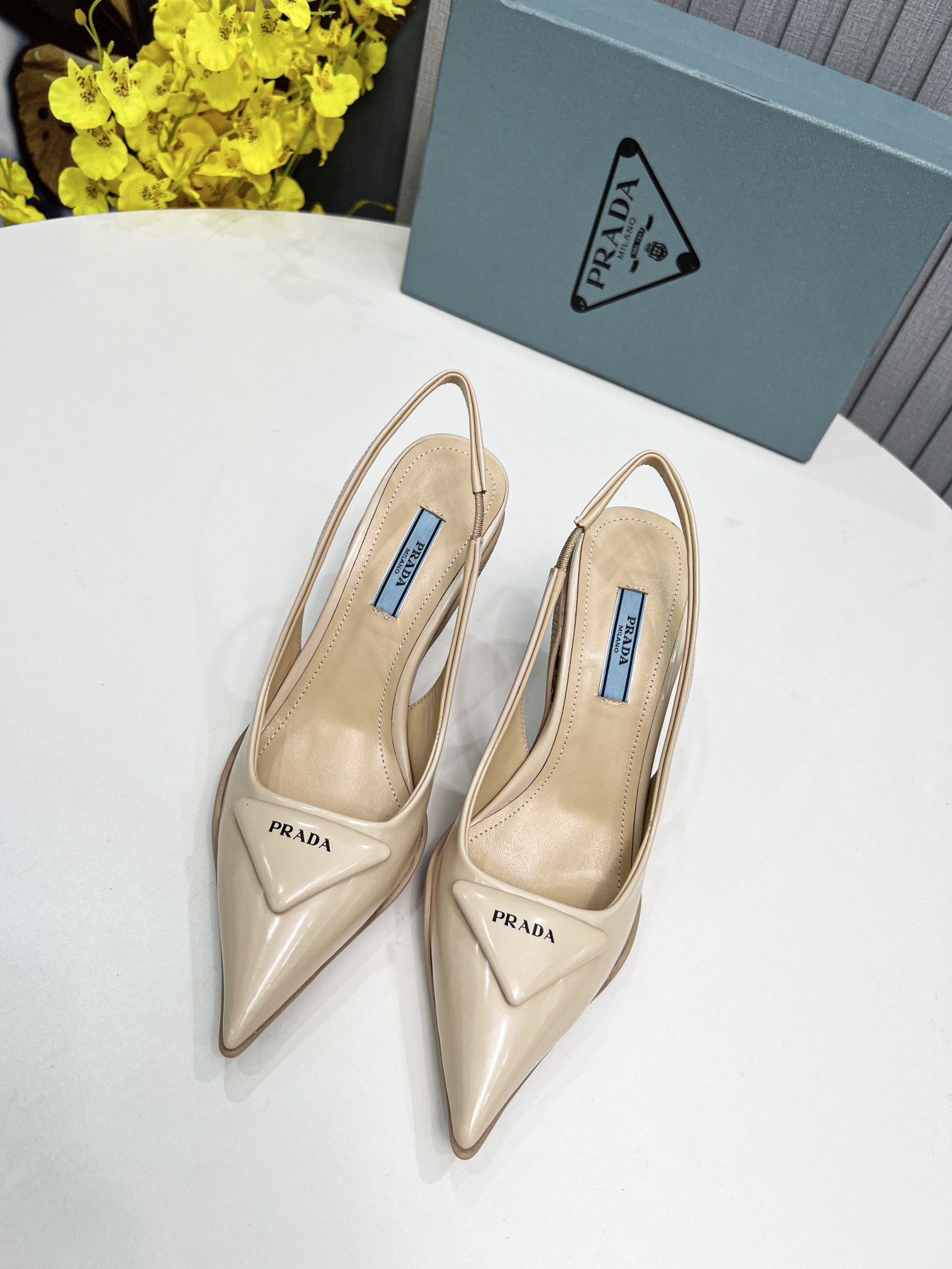 Prada Brushed Slingback Pumps Beige For Women PRD 