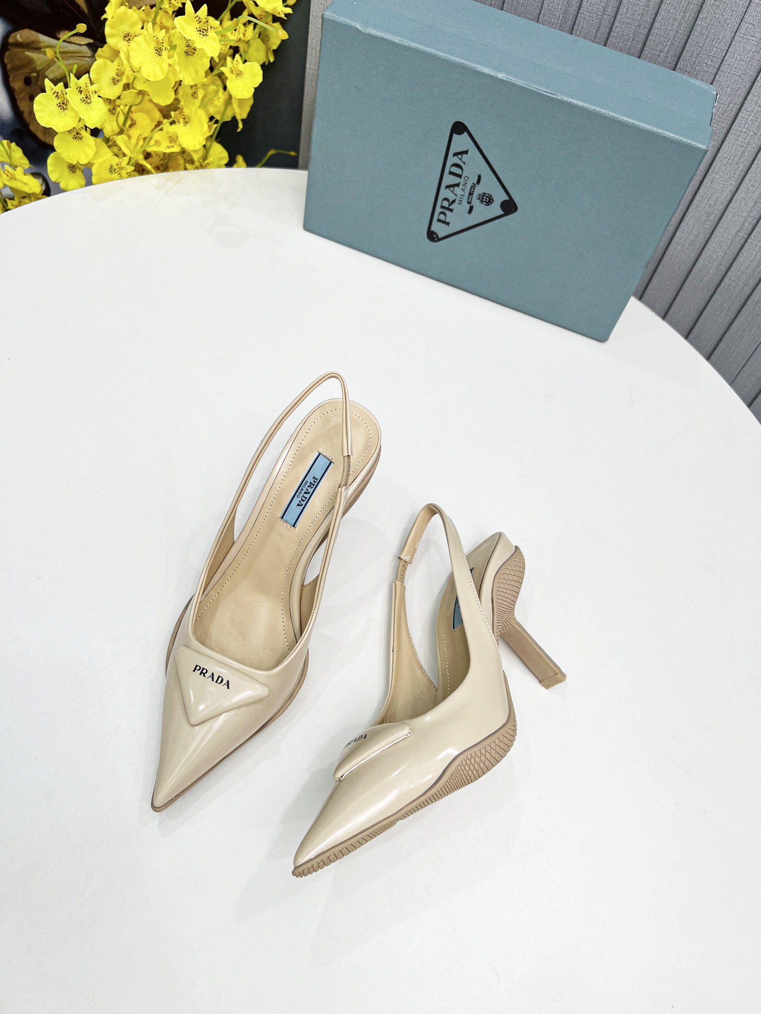 Prada Brushed Slingback Pumps Beige For Women PRD 