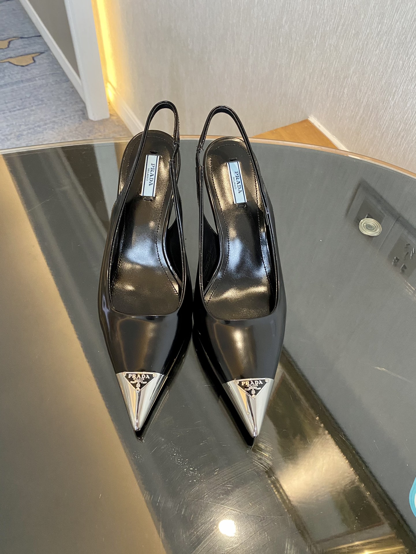 Prada Brushed Slingback Pumps Black For Women 2.9in/75mm PRD 1I903M_055_F0002_F_075