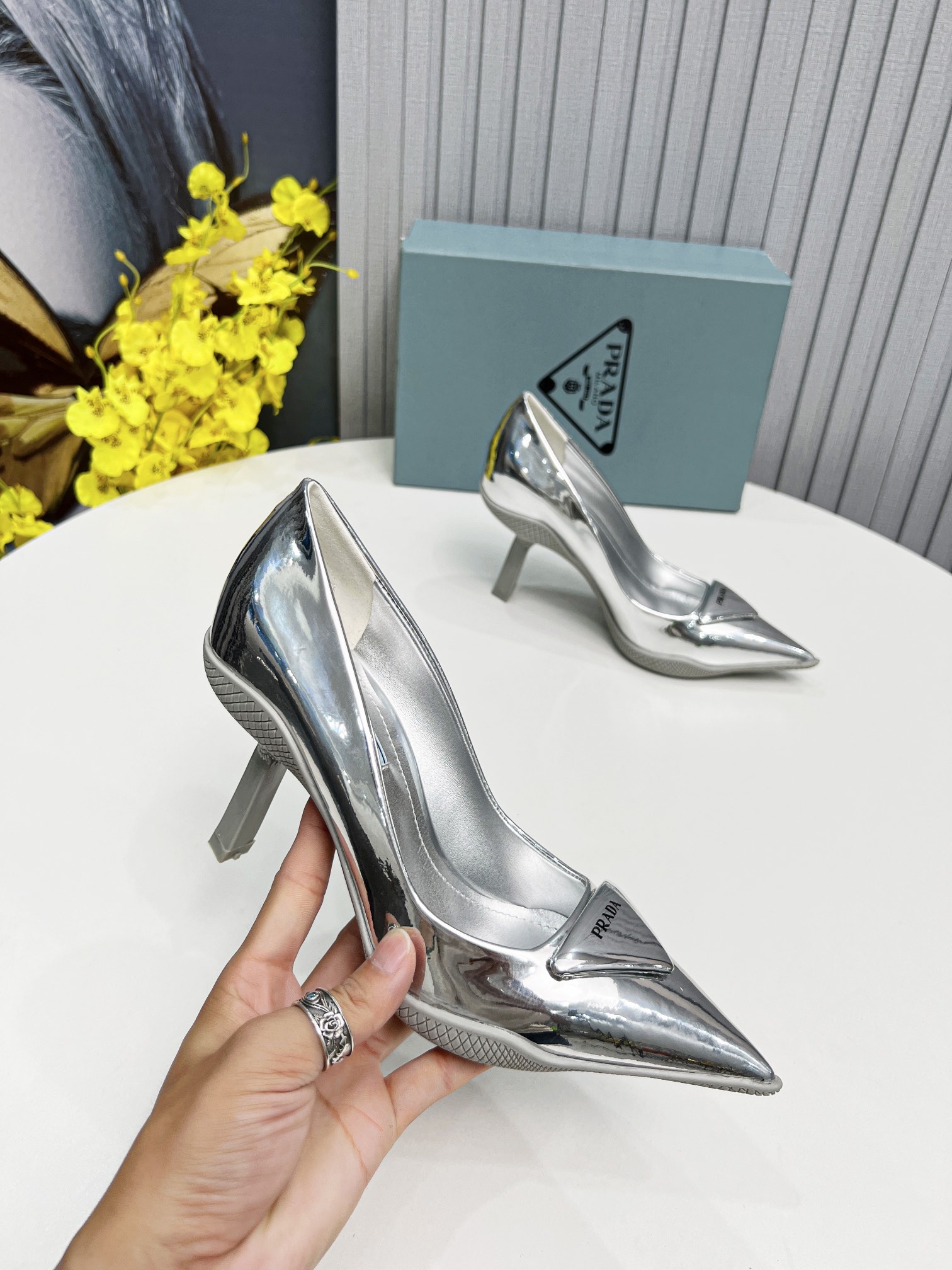 Prada Brushed Slingback Pumps Silver For Women PRD