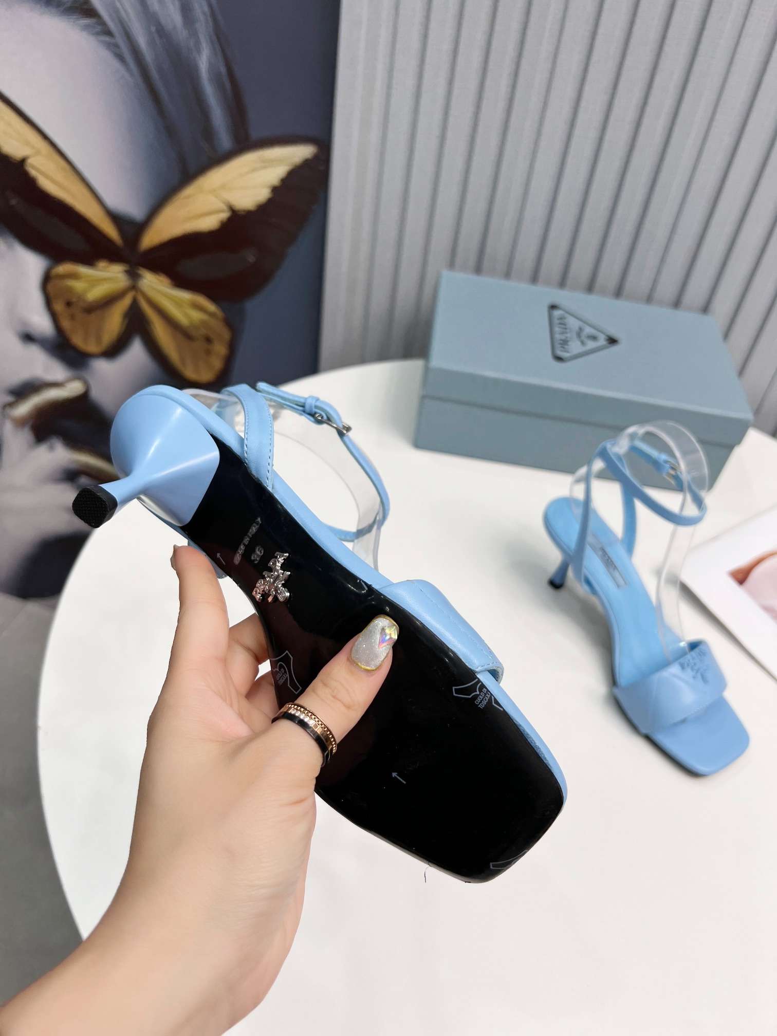 Prada Buckle Square Nose Pumps Blue For Women