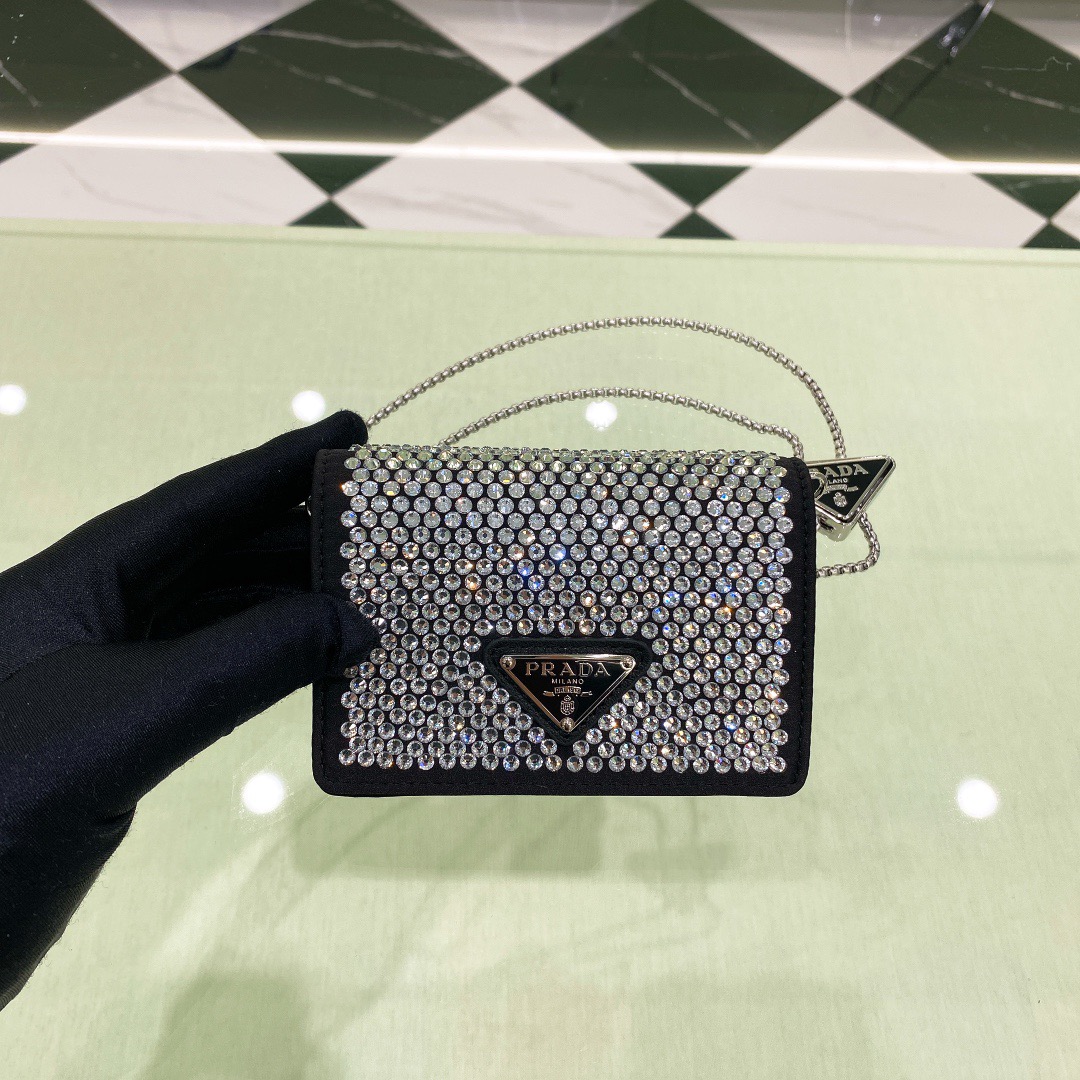 Prada Cardholder With Shoulder Strap And Crystals Bag Black/ Yellow For Women 4.5 in/ 11.5 cm 1MR024_2AWL_F0T7O