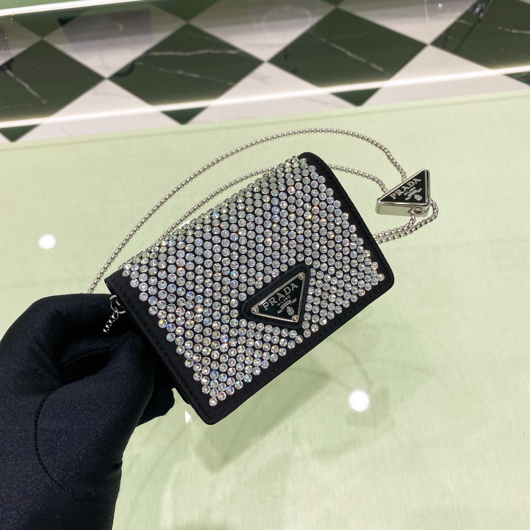 Prada Cardholder With Shoulder Strap And Crystals Bag Black/ Yellow For Women 4.5 in/ 11.5 cm 1MR024_2AWL_F0T7O