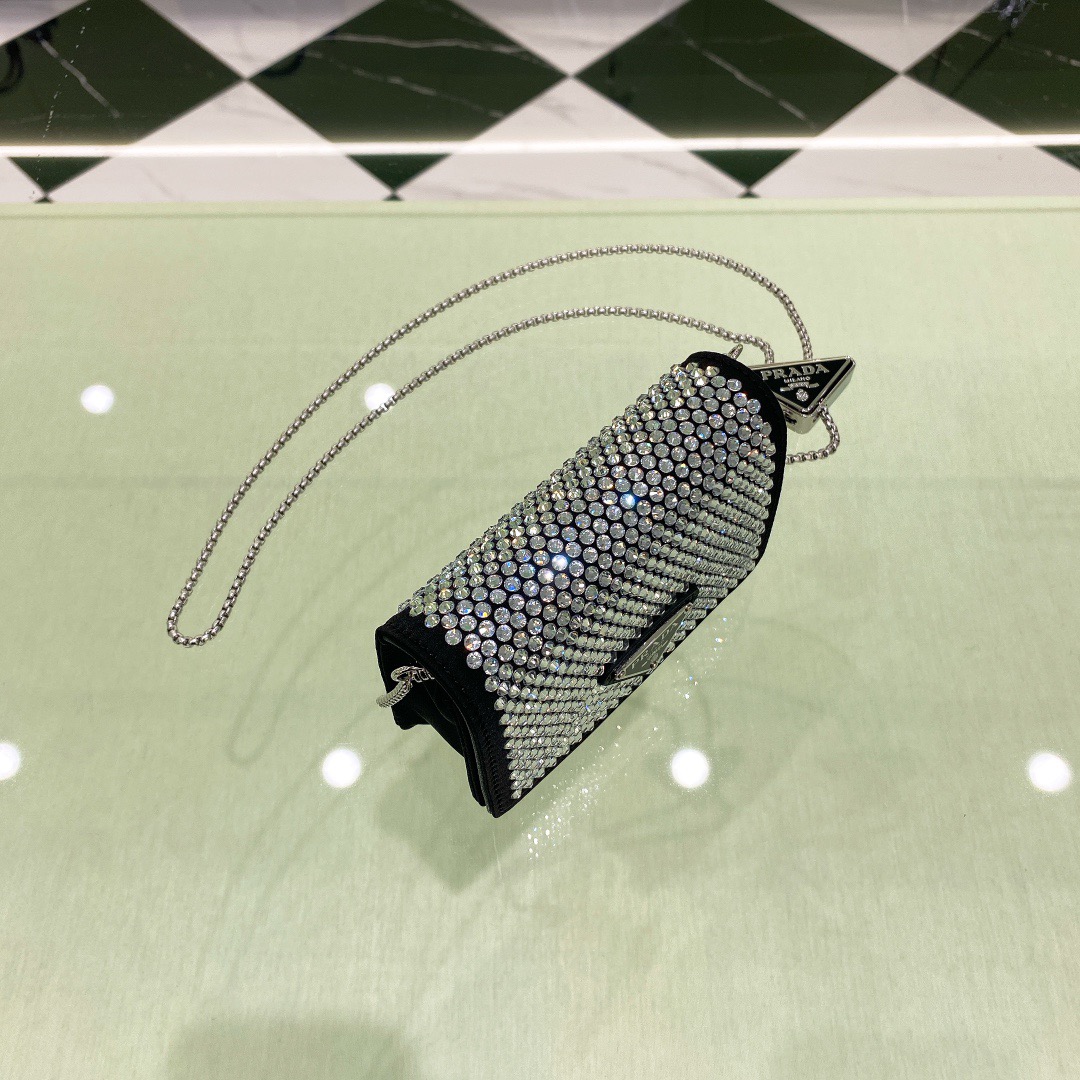 Prada Cardholder With Shoulder Strap And Crystals Bag Black/ Yellow For Women 4.5 in/ 11.5 cm 1MR024_2AWL_F0T7O