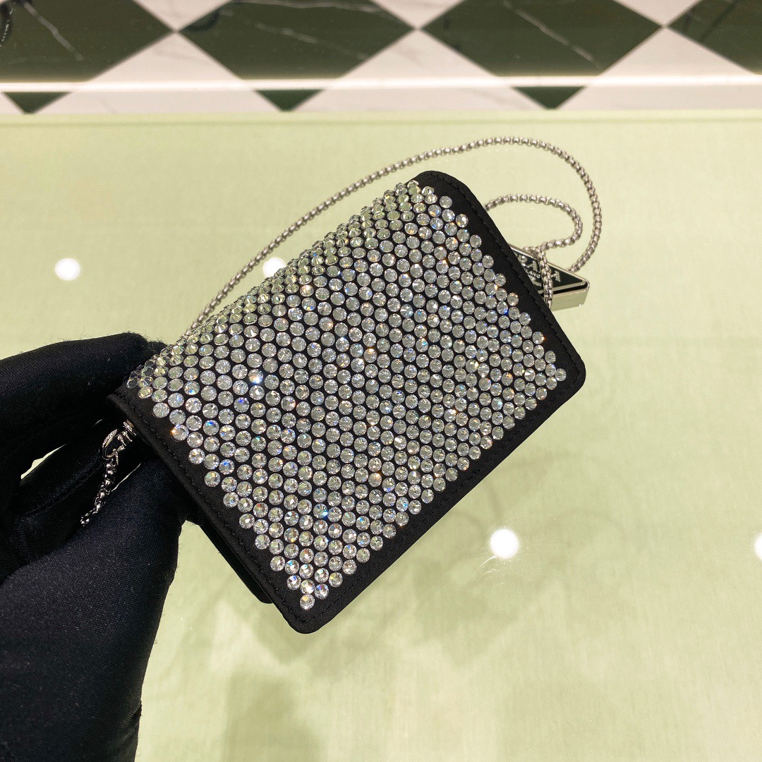 Prada Cardholder With Shoulder Strap And Crystals Bag Black/ Yellow For Women 4.5 in/ 11.5 cm 1MR024_2AWL_F0T7O