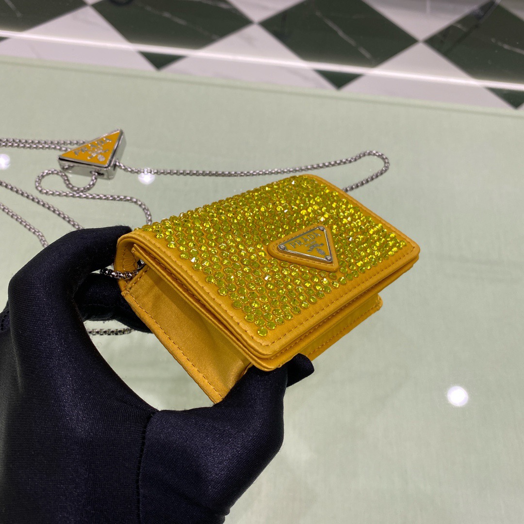 Prada Cardholder With Shoulder Strap And Crystals Bag Black/ Yellow For Women 4.5 in/ 11.5 cm 1MR024_2AWL_F0T7O