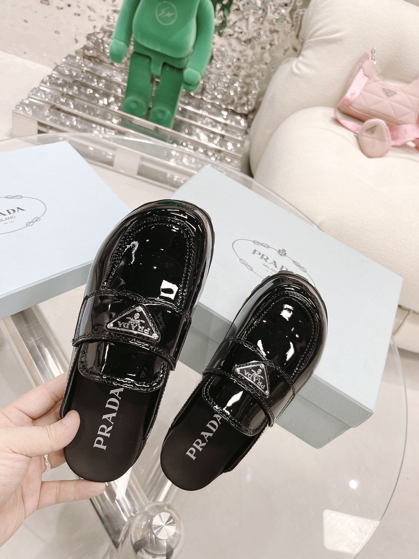Prada Chocolate Brushed Mules Shiny Black For Women 1.6in/40mm PRD