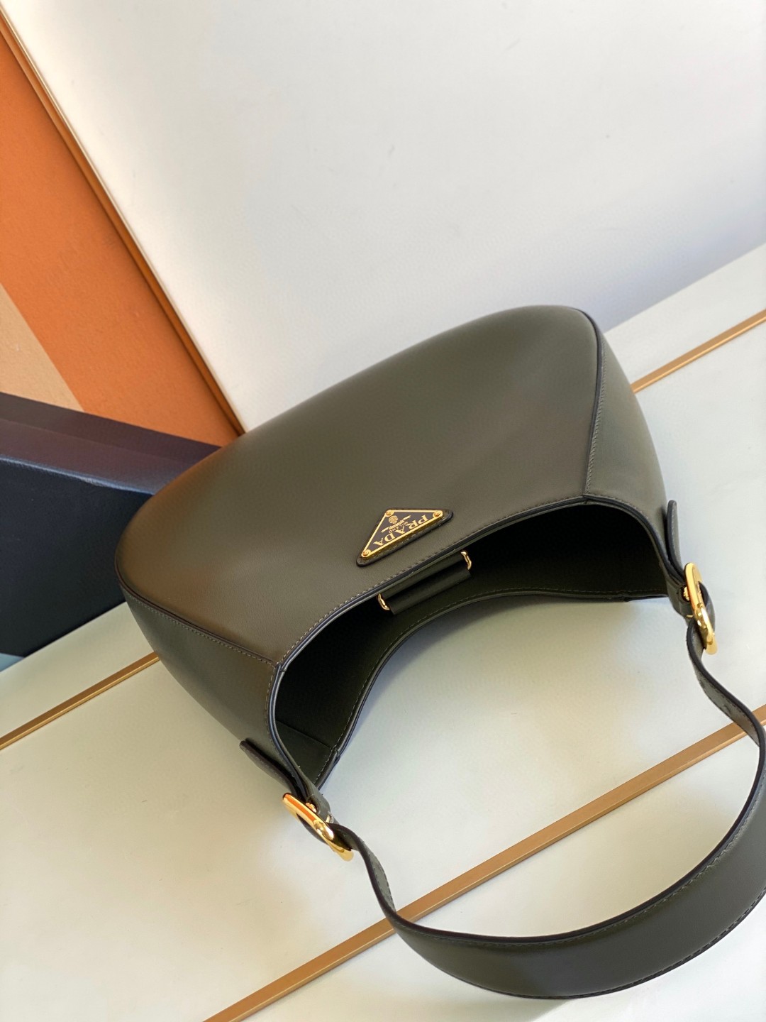 Prada Cleo Brushed Shoulder Bag Brown/Green Khaki For Women 10.6 in / 27 cm