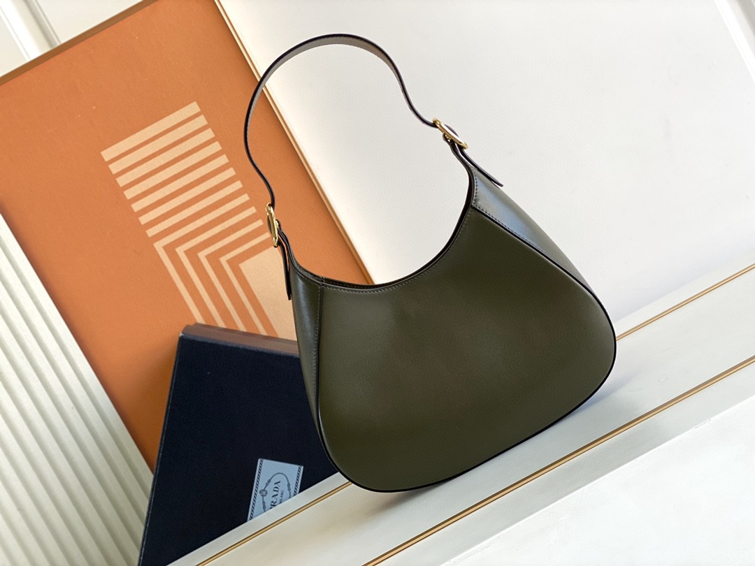 Prada Cleo Brushed Shoulder Bag Brown/Green Khaki For Women 10.6 in / 27 cm