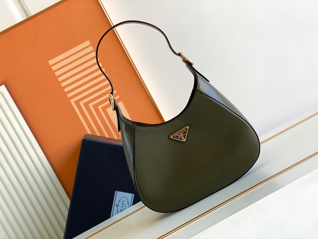 Prada Cleo Brushed Shoulder Bag Brown/Green Khaki For Women 10.6 in / 27 cm