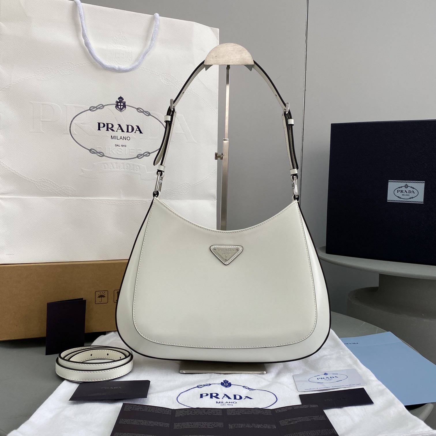 Prada Cleo Brushed Shoulder Bag White For Women, Women’s Bags 11.8in/30cm 1BC156_ZO6_F0PG7_V_HOO