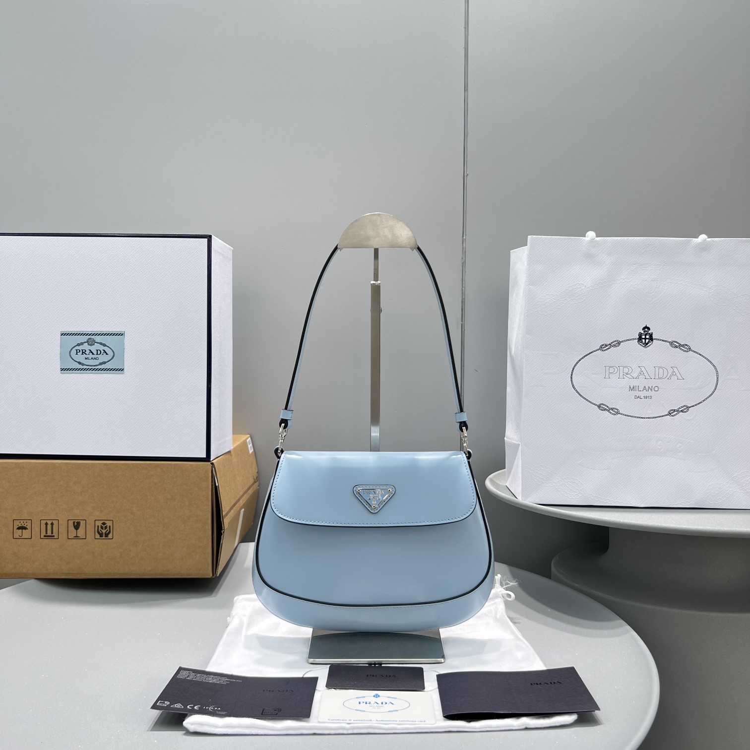 Prada Cleo Brushed Shoulder Bag With Flap Light Blue For Women, Women’s Bags 8.6in/22cm 1BD311_ZO6_F02TG_V_OOO
