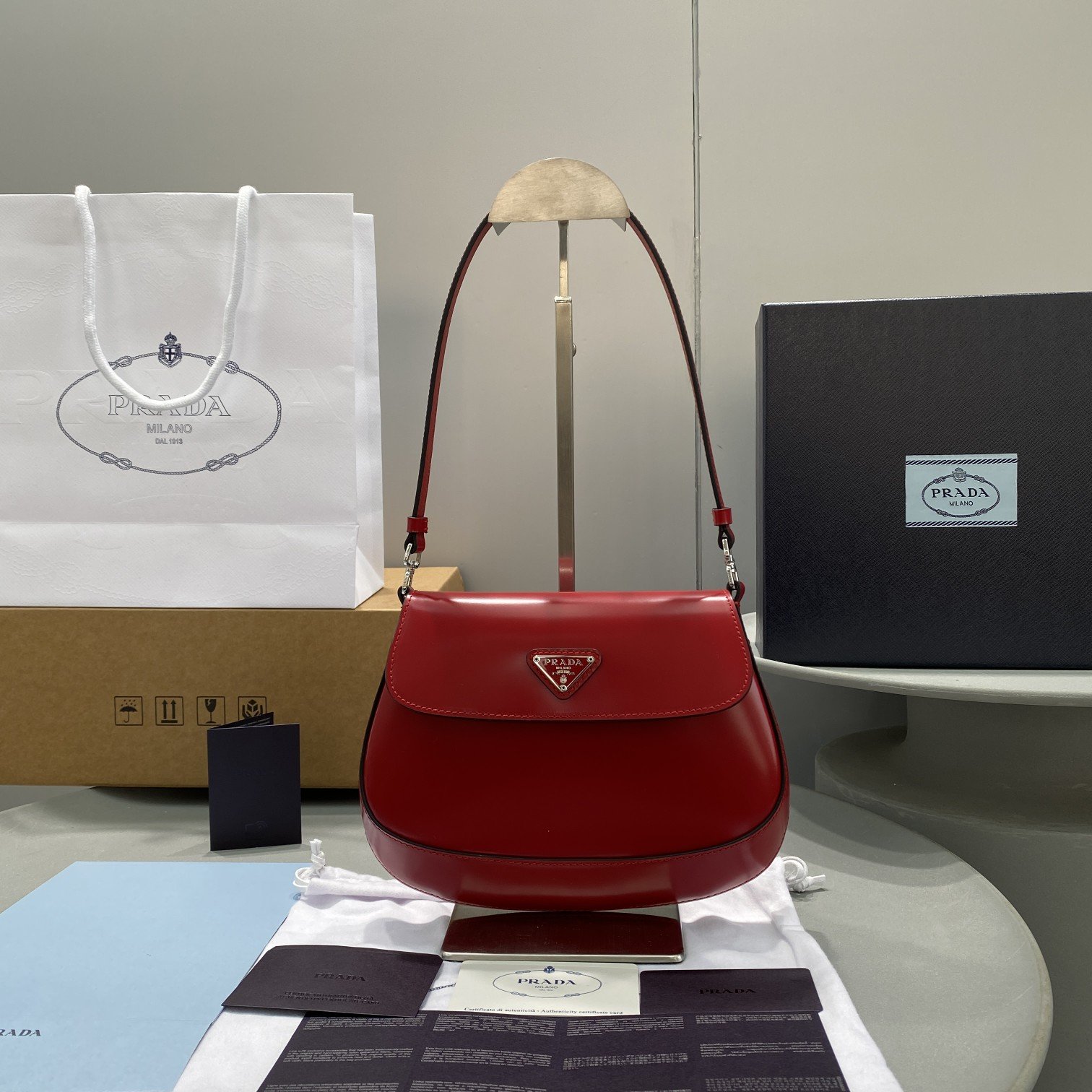 Prada Cleo Brushed Shoulder Bag With Flap Red For Women, Women’s Bags 8.6in/22cm 1BD311_ZO6_F02SB_V_OOO