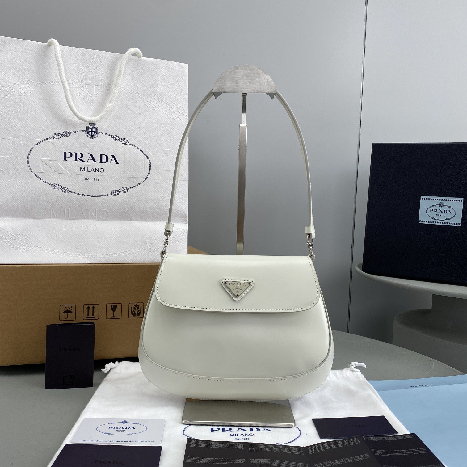 Prada Cleo Brushed Shoulder Bag With Flap White For Women, Women’s Bags 8.6in/22cm 1BD311_ZO6_F0009_V_OOO