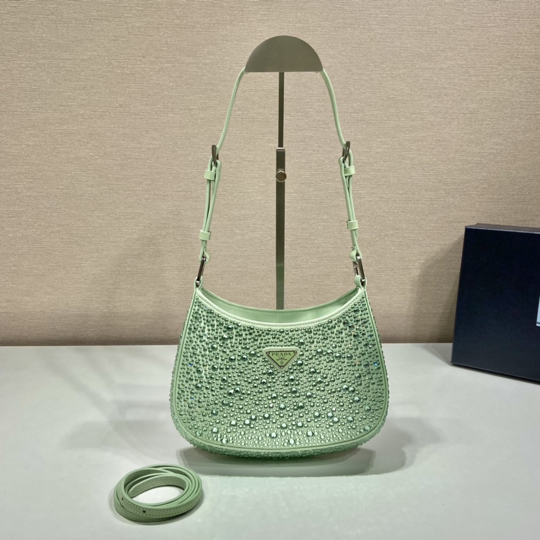Prada Cleo Satin Bag With Crystals Beige For Women, Women’s Bags 8.6in/22cm