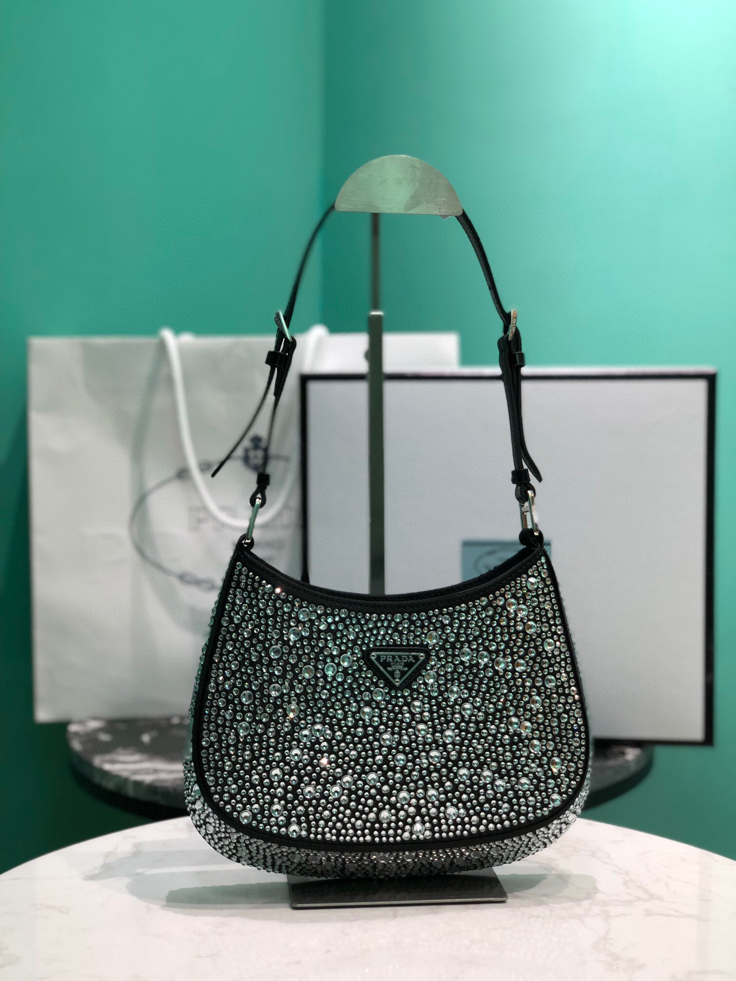 Prada Cleo Satin Bag With Crystals In Black/Gold Tone For Women 8.6in/ 22cm 1BC169_2AWL_F063R_V_HOO