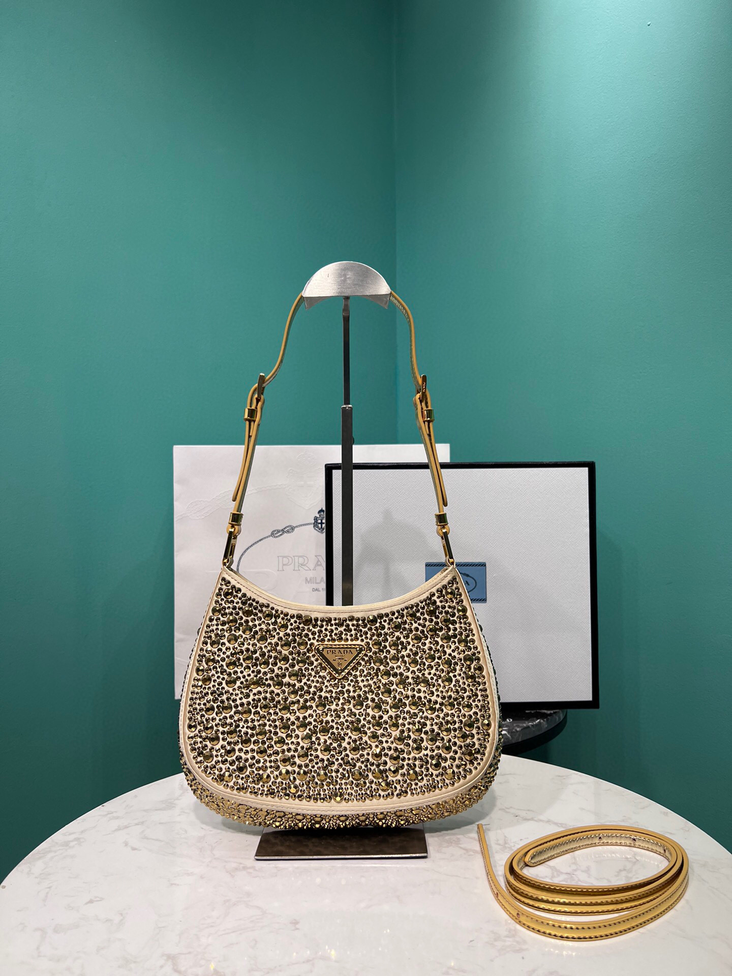 Prada Cleo Satin Bag With Crystals In Black/Gold Tone For Women 8.6in/ 22cm 1BC169_2AWL_F063R_V_HOO