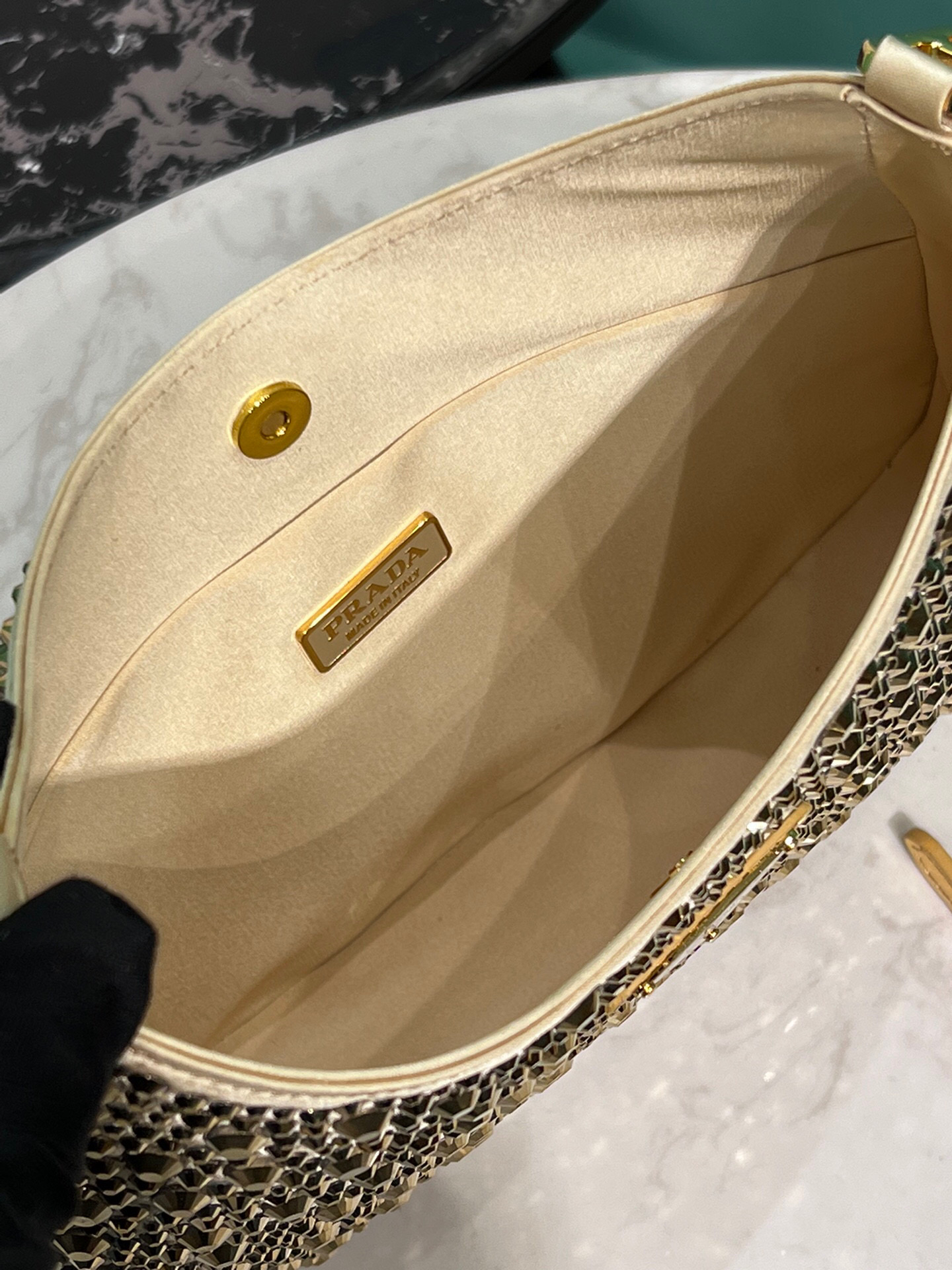 Prada Cleo Satin Bag With Crystals In Black/Gold Tone For Women 8.6in/ 22cm 1BC169_2AWL_F063R_V_HOO