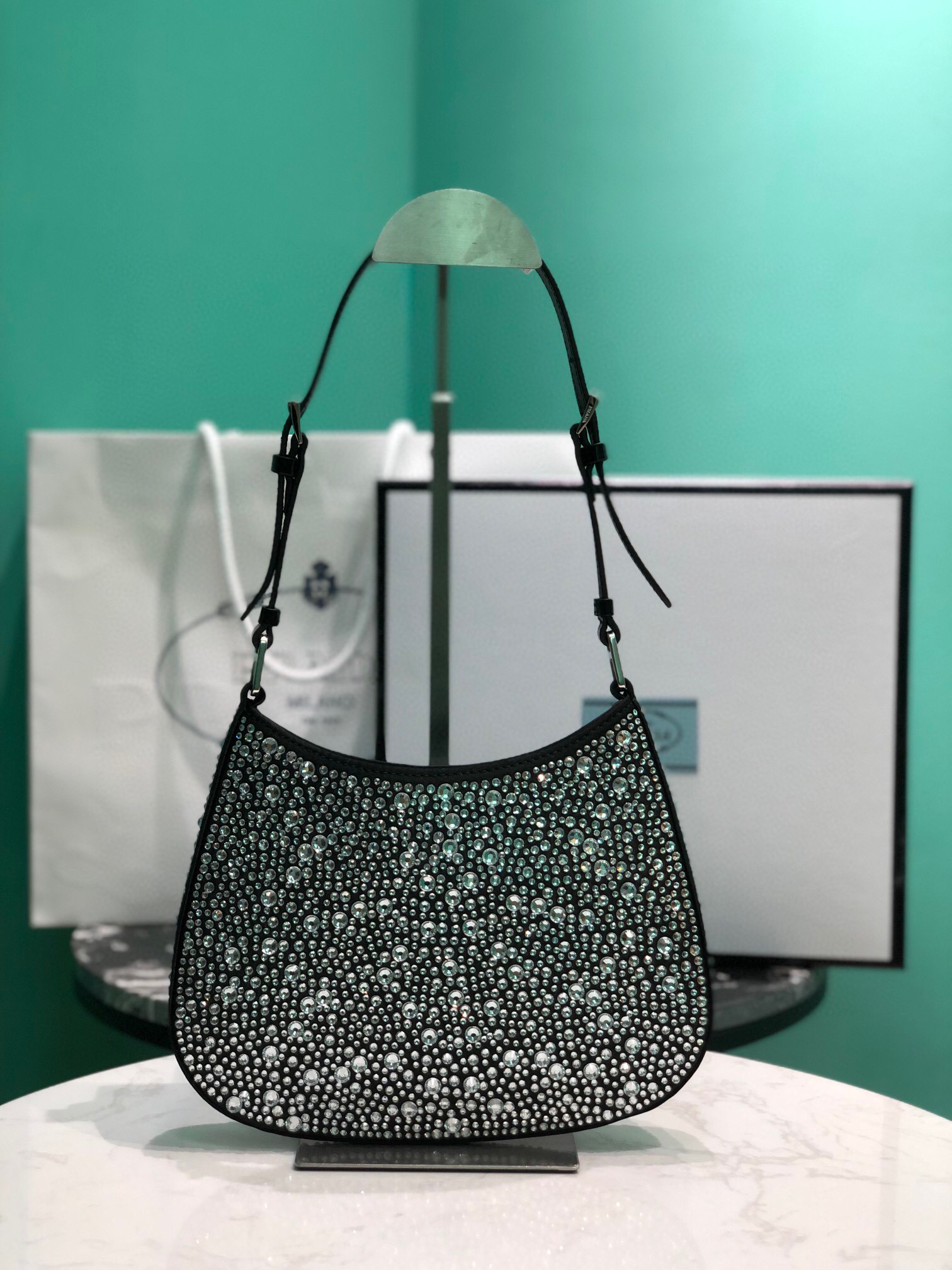 Prada Cleo Satin Bag With Crystals In Black/Gold Tone For Women 8.6in/ 22cm 1BC169_2AWL_F063R_V_HOO