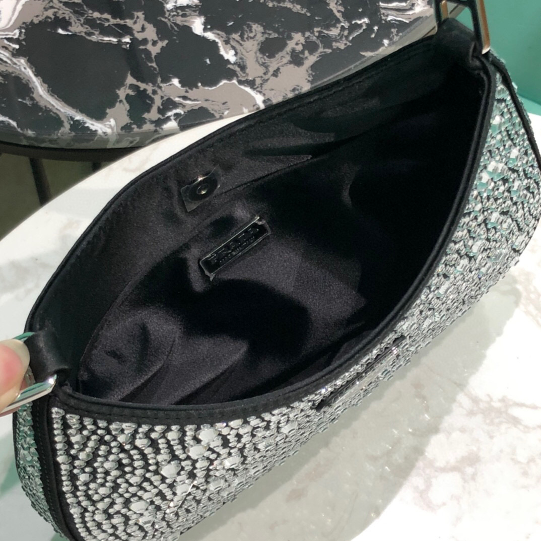 Prada Cleo Satin Bag With Crystals In Black/Gold Tone For Women 8.6in/ 22cm 1BC169_2AWL_F063R_V_HOO