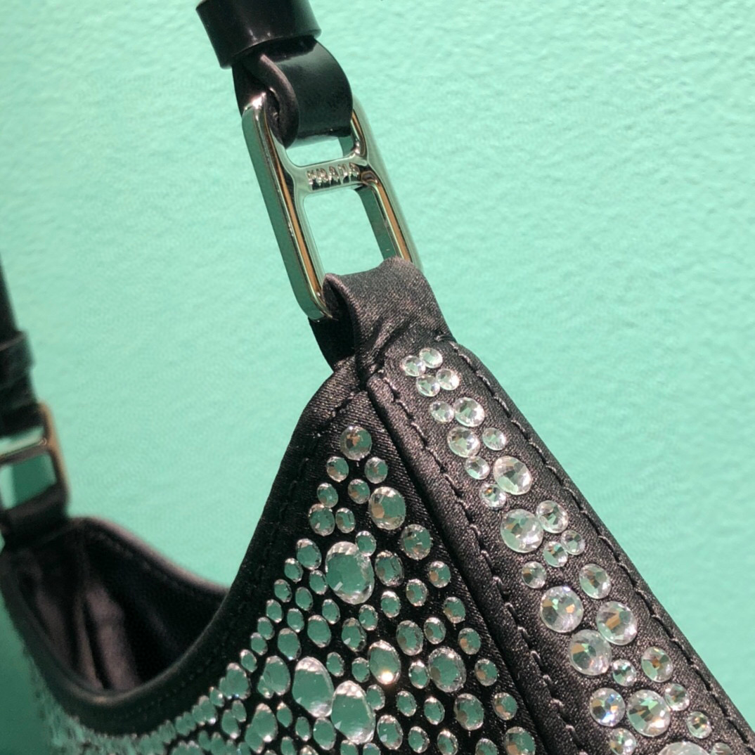 Prada Cleo Satin Bag With Crystals In Black/Gold Tone For Women 8.6in/ 22cm 1BC169_2AWL_F063R_V_HOO