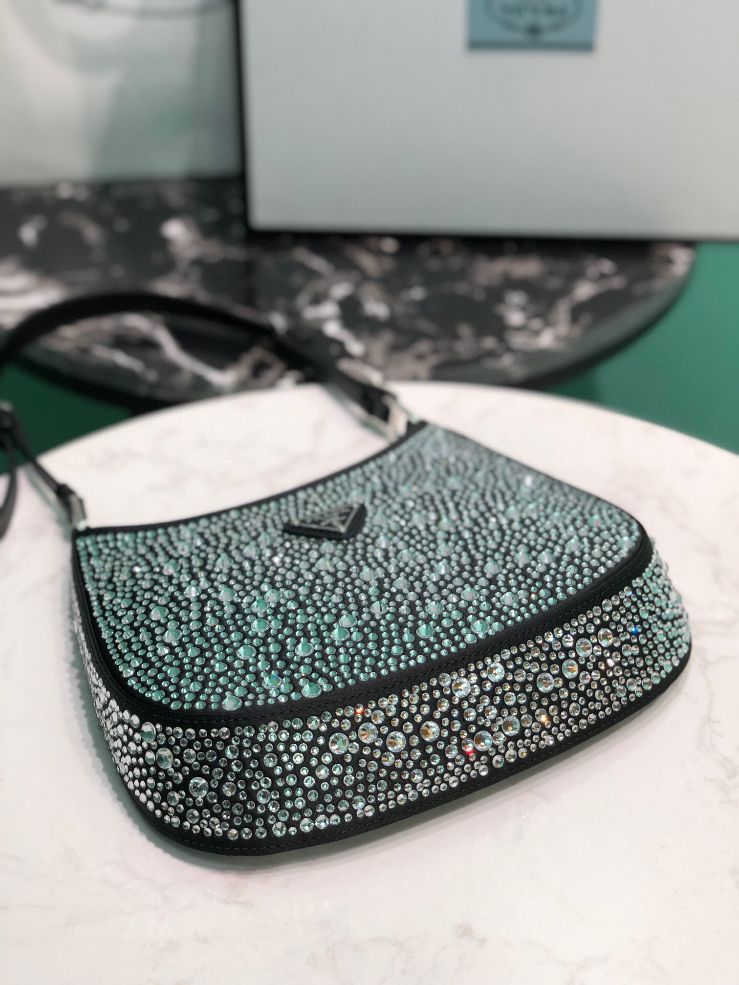 Prada Cleo Satin Bag With Crystals In Black/Gold Tone For Women 8.6in/ 22cm 1BC169_2AWL_F063R_V_HOO