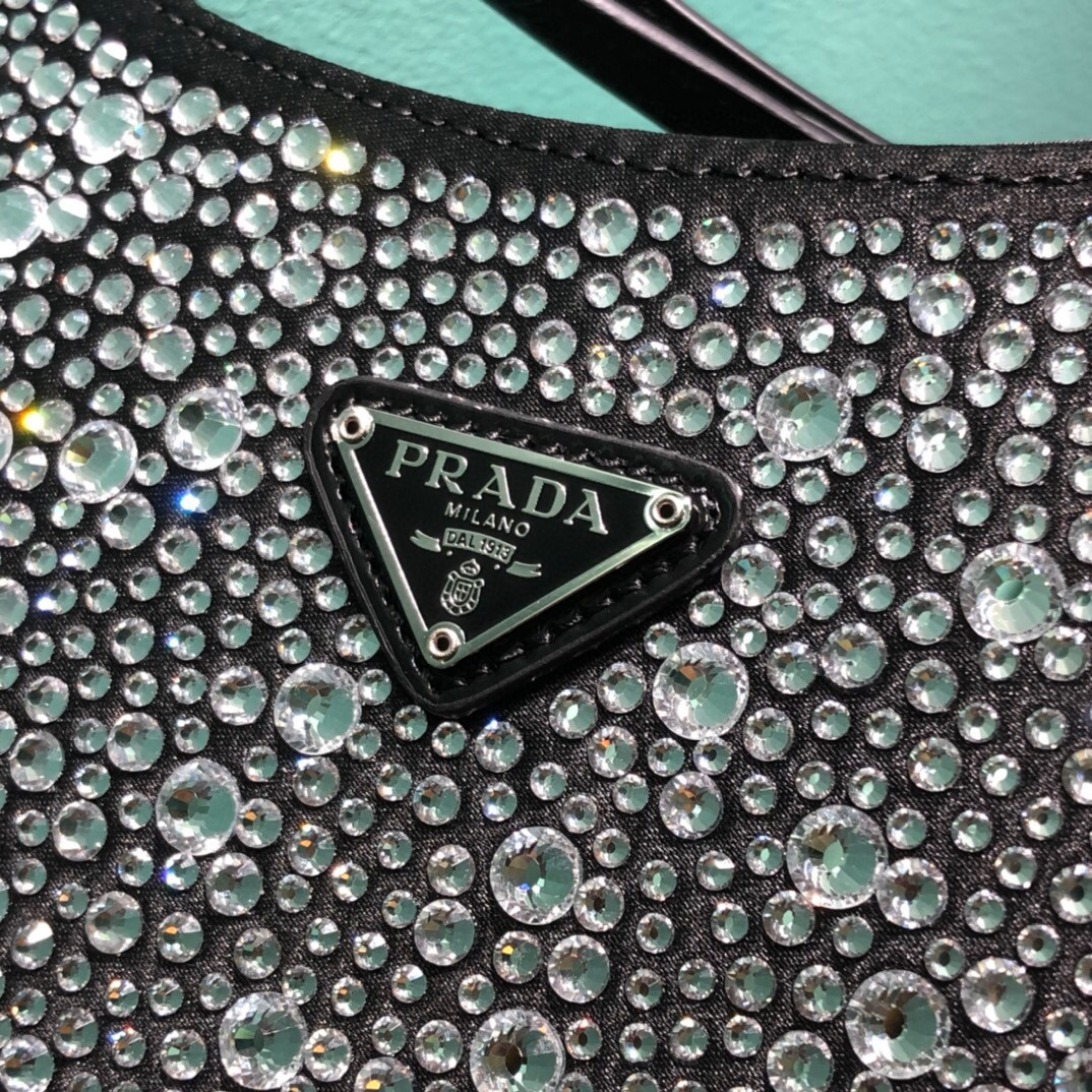 Prada Cleo Satin Bag With Crystals In Black/Gold Tone For Women 8.6in/ 22cm 1BC169_2AWL_F063R_V_HOO