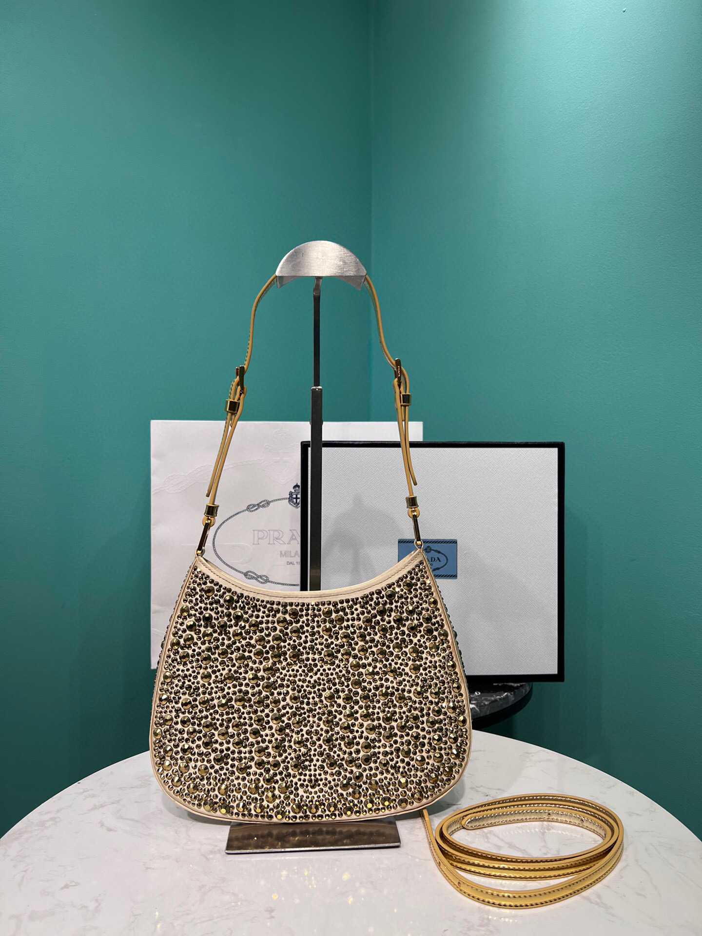 Prada Cleo Satin Bag With Crystals In Black/Gold Tone For Women 8.6in/ 22cm 1BC169_2AWL_F063R_V_HOO