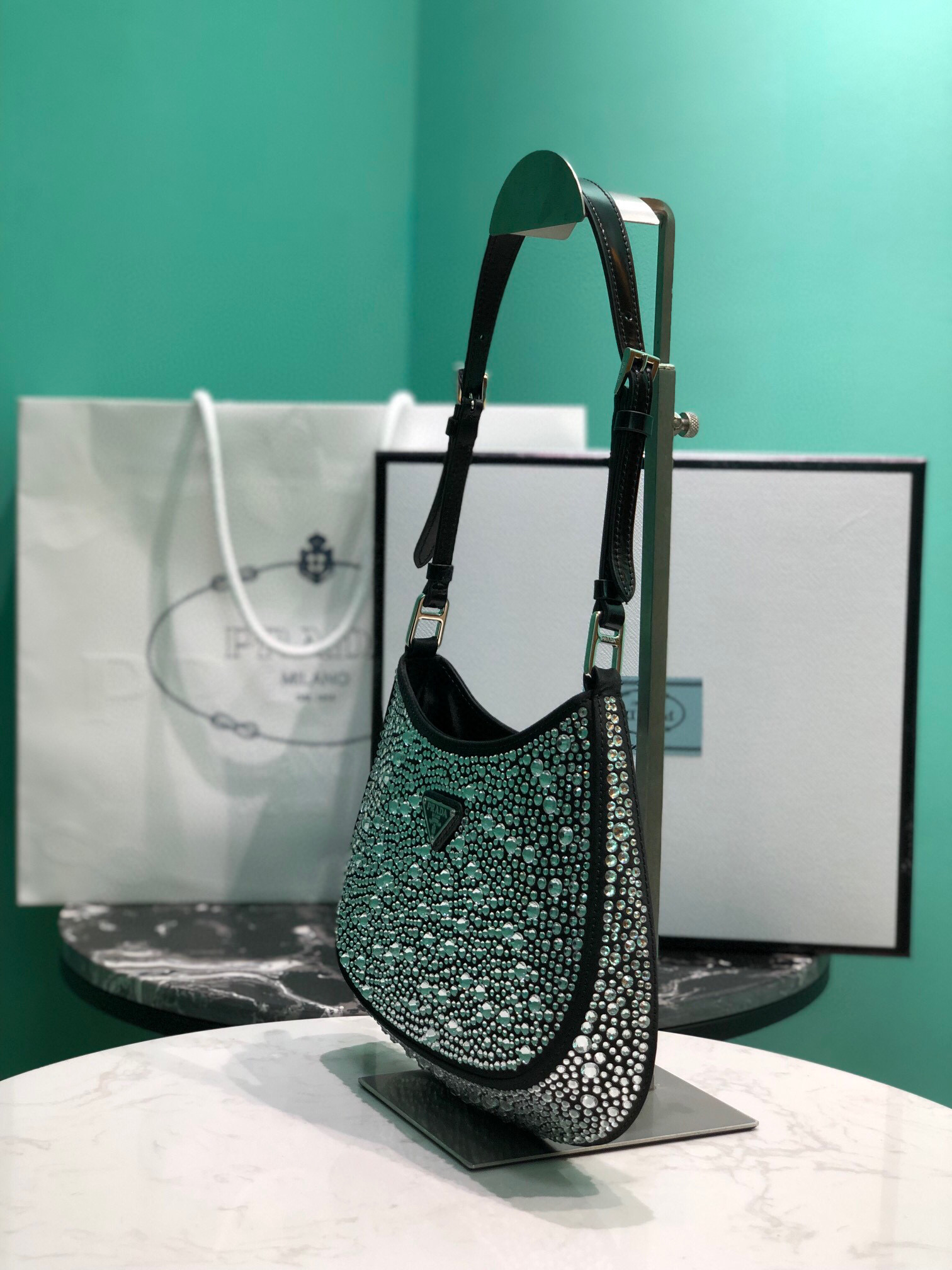 Prada Cleo Satin Bag With Crystals In Black/Gold Tone For Women 8.6in/ 22cm 1BC169_2AWL_F063R_V_HOO