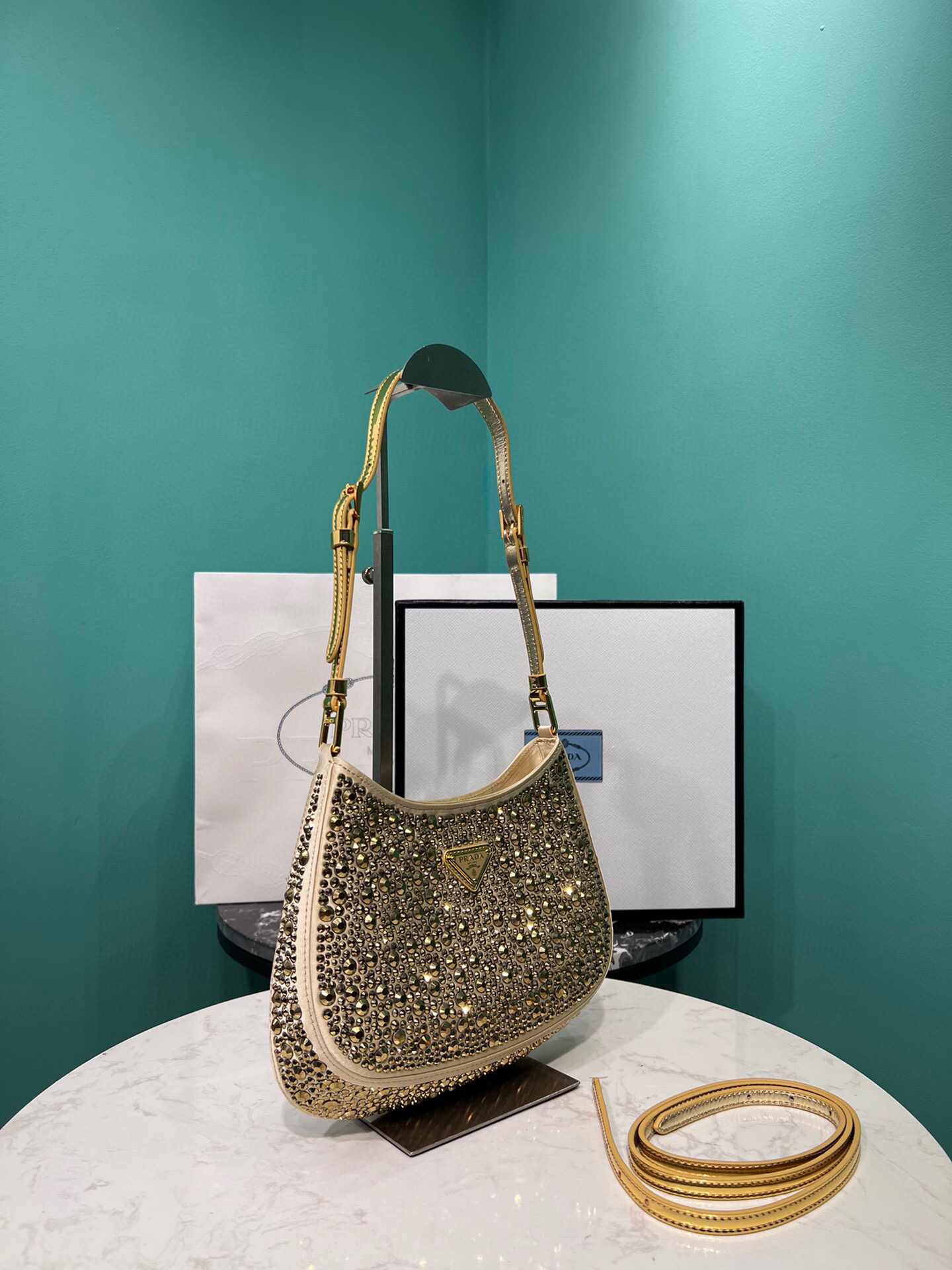 Prada Cleo Satin Bag With Crystals In Black/Gold Tone For Women 8.6in/ 22cm 1BC169_2AWL_F063R_V_HOO