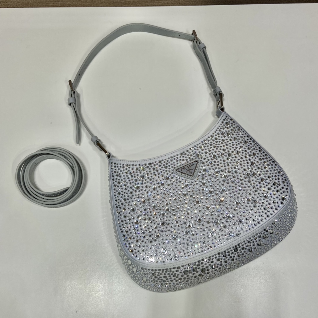 Prada Cleo Satin Bag With Crystals Silver For Women, Women’s Bags 8.6in/22cm 1BC169_2AWL_F0934_V_HOO