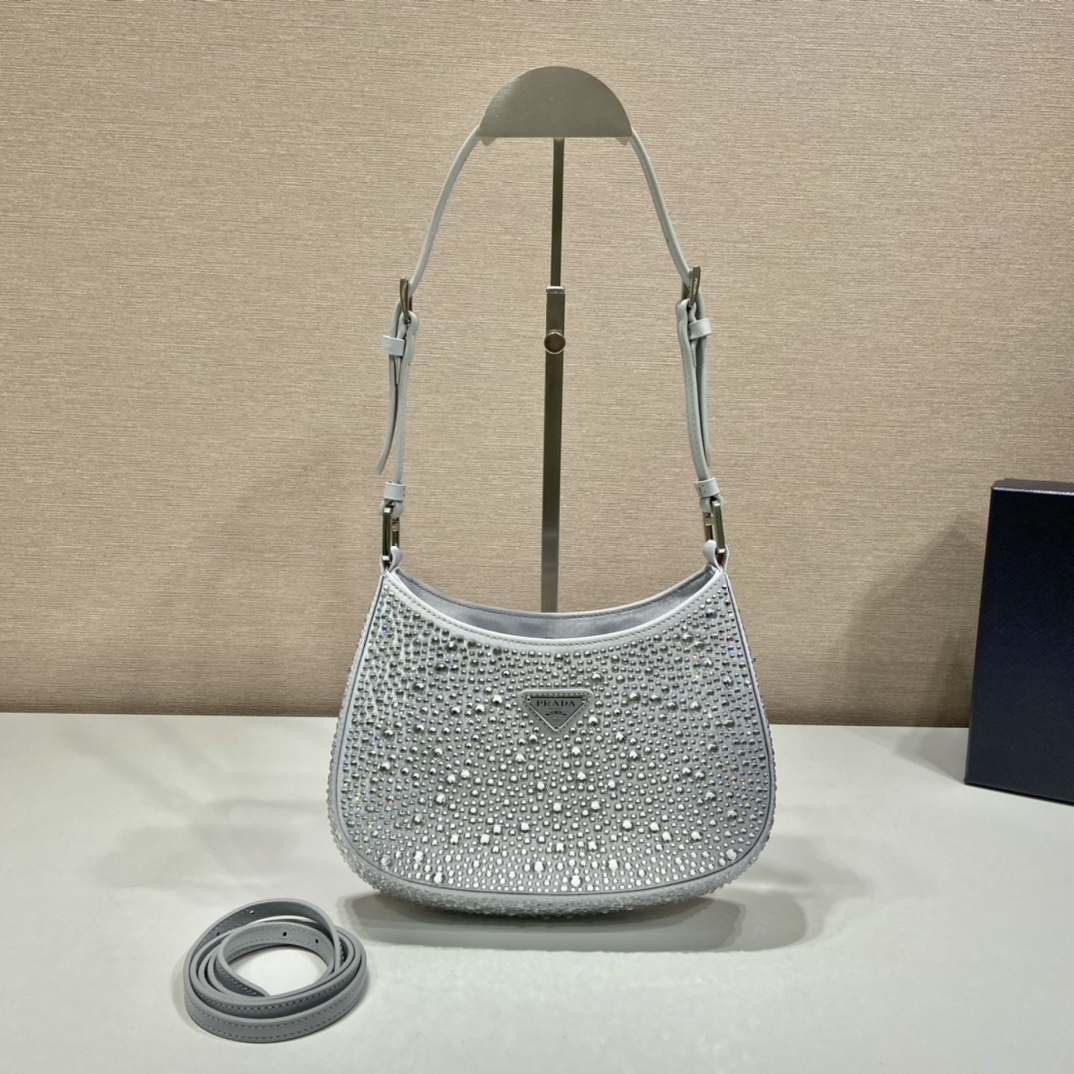 Prada Cleo Satin Bag With Crystals Silver For Women, Women’s Bags 8.6in/22cm 1BC169_2AWL_F0934_V_HOO