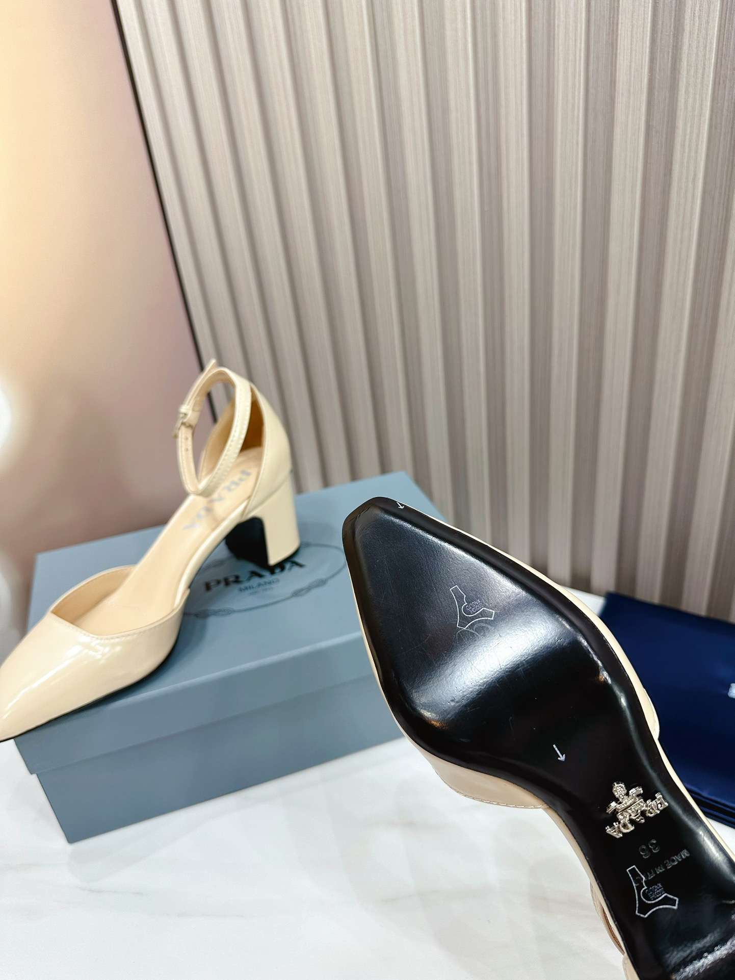 Prada Closed Pointed Toe Low Chunky Heels Pumps Cream For Women