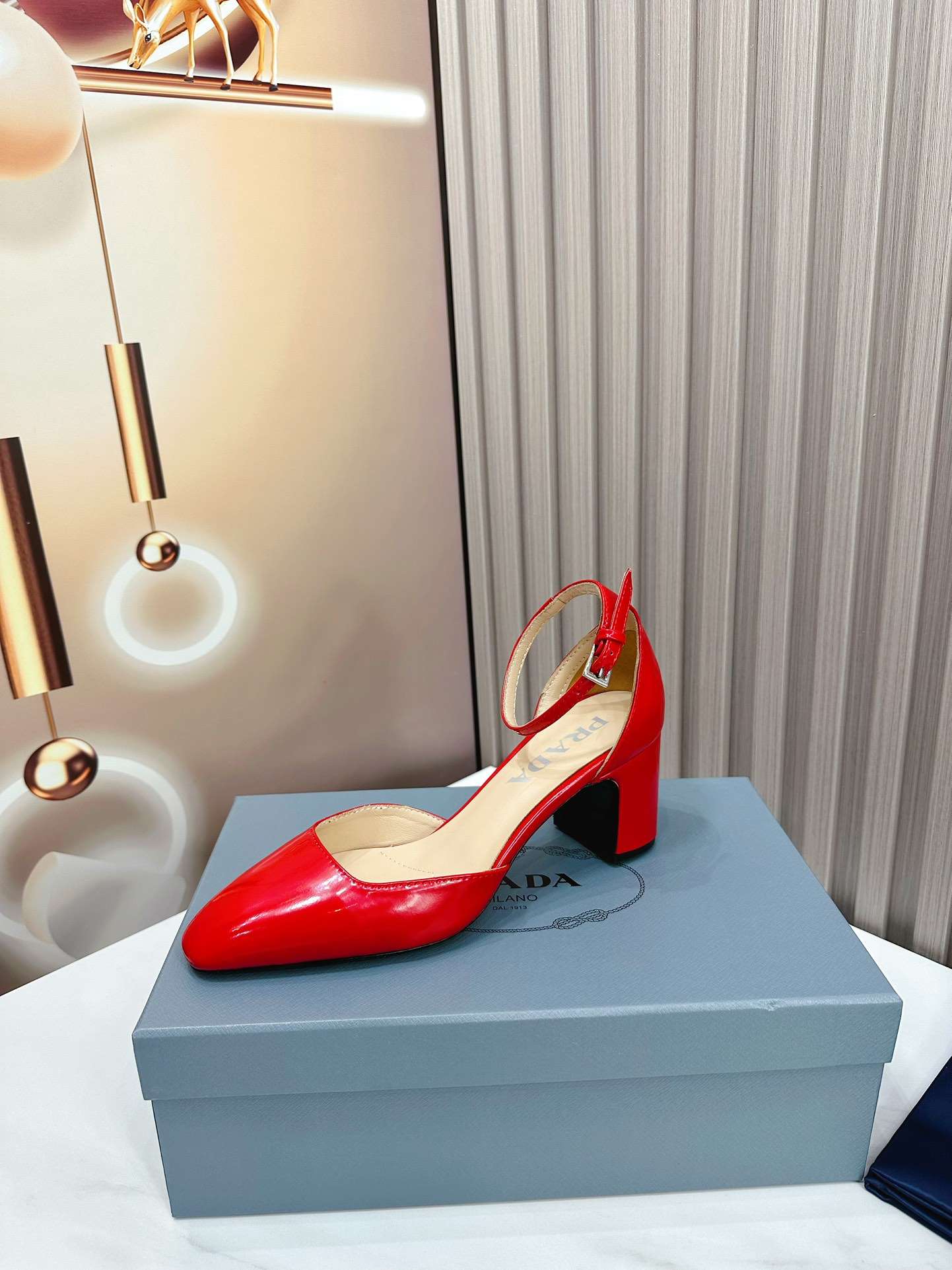 Prada Closed Pointed Toe Low Chunky Heels Pumps Red For Women
