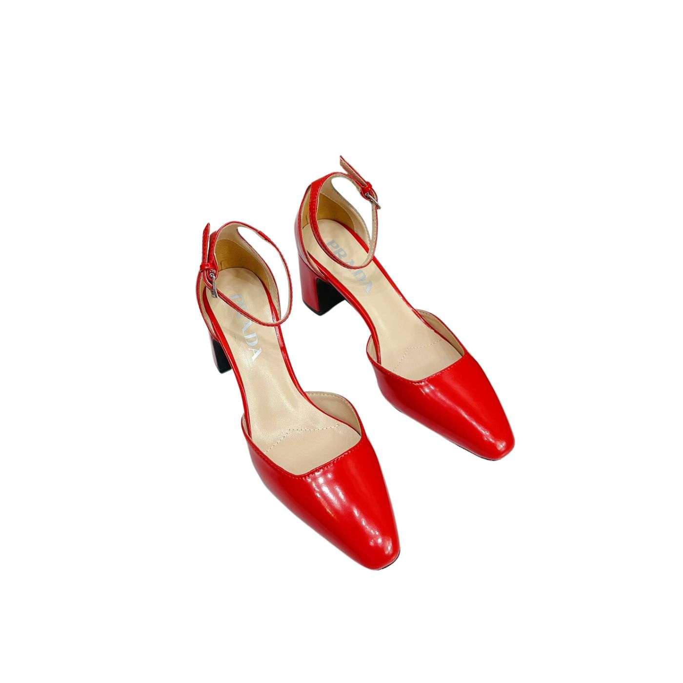 Prada Closed Pointed Toe Low Chunky Heels Pumps Red For Women