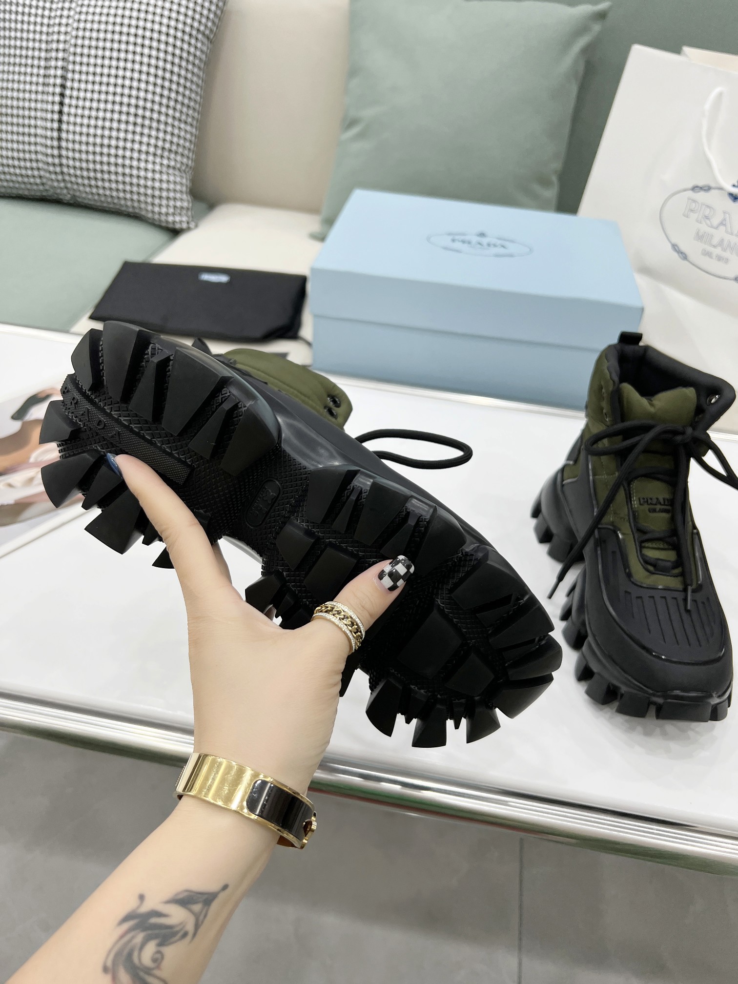 Prada Cloudbust Thunder High-Top Sneakers Forest Green/Black For Women 1.9in/50mm PRD 2TG189_3LGO_F0B80_F_G000